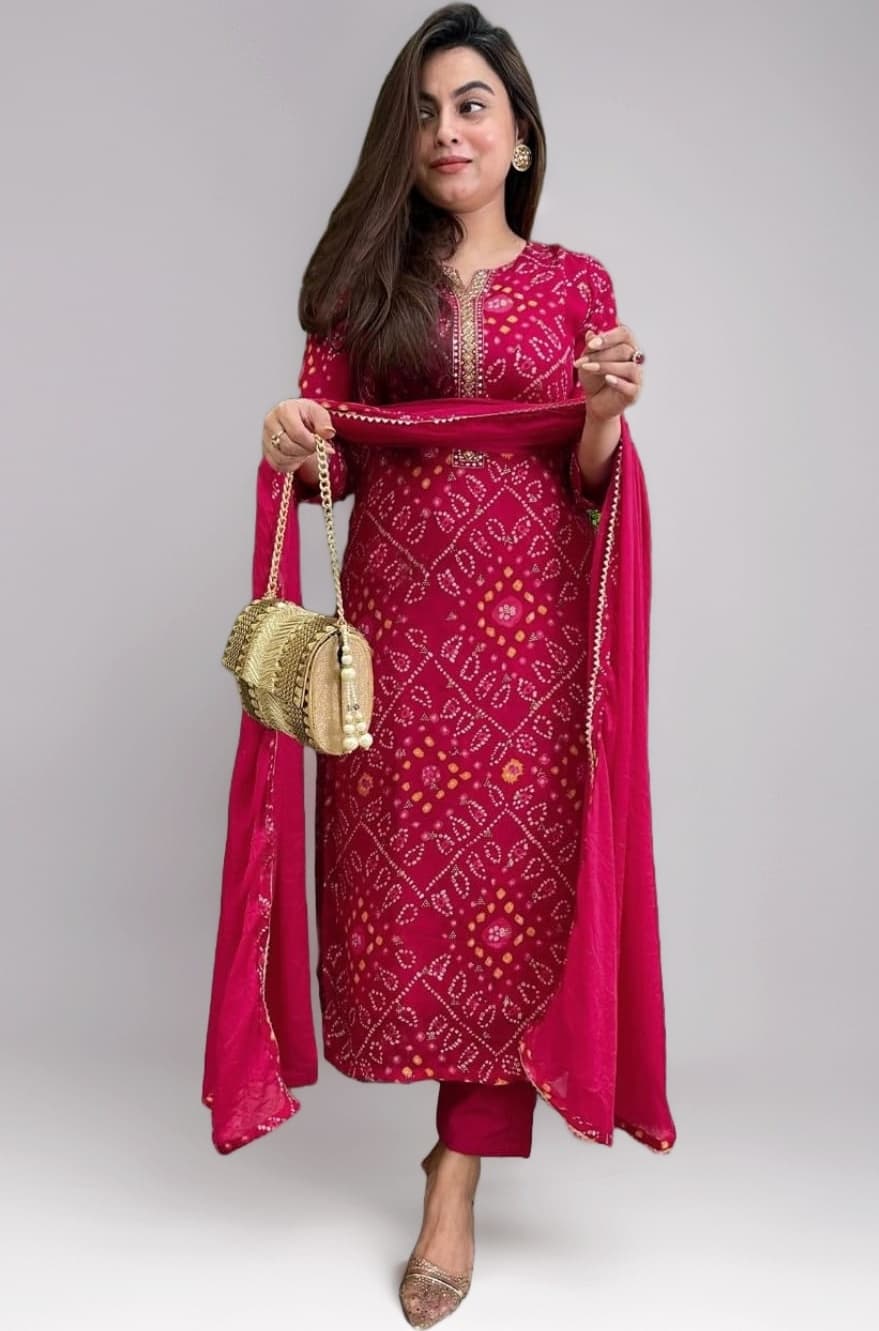 Women's Rayon Blend Straight Bandhej Printed Kurta with Pant & Dupatta