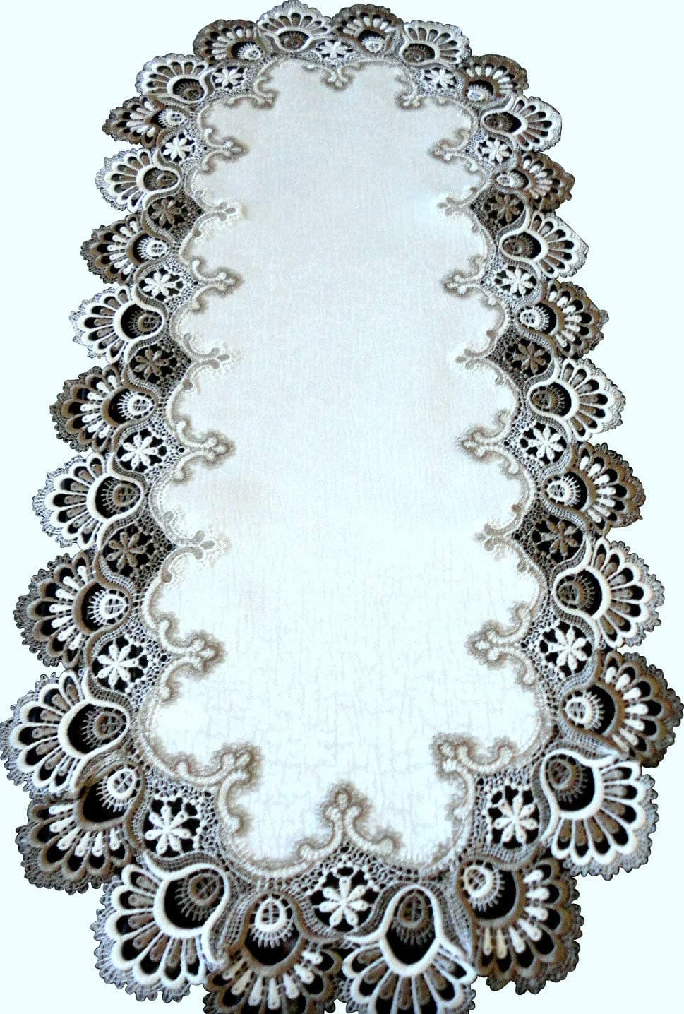 Lace Dresser Scarf 70" Table Runner Cocoa Brown Neutrals & White Doily Earth Tones