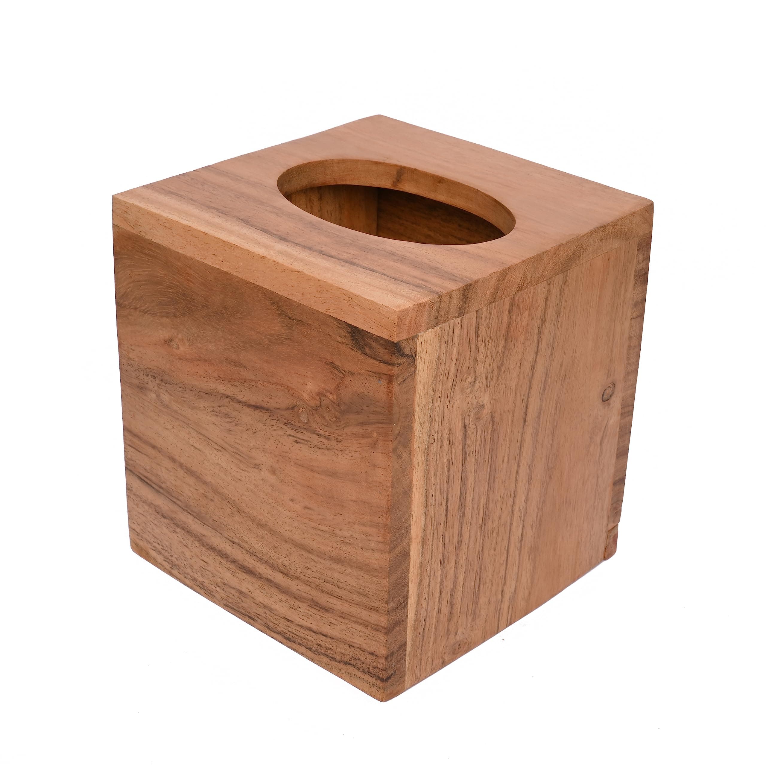 Indus LifespaceAcacia Wood Square Tissue Box Holder with Slide-Out Bottom for Bathroom, Bedroom, Dinner Table, Office (13.97cm x 13.97cmx 15.24cm)