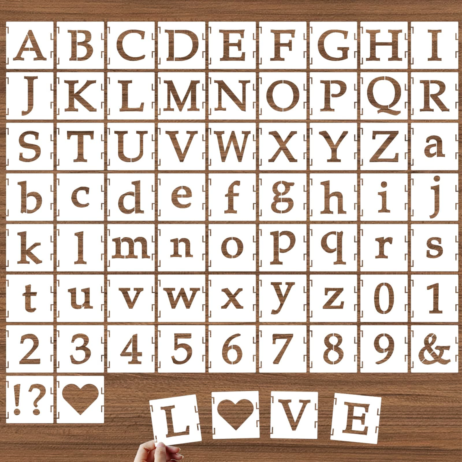 1 Inch Alphabet Letter Stencils, 65 Pcs Reusable Plastic Letter Number Symbol Interlocking Drawing Template Kit for Painting on Wood, Wall, Fabric, Rock, Signage, Door Porch