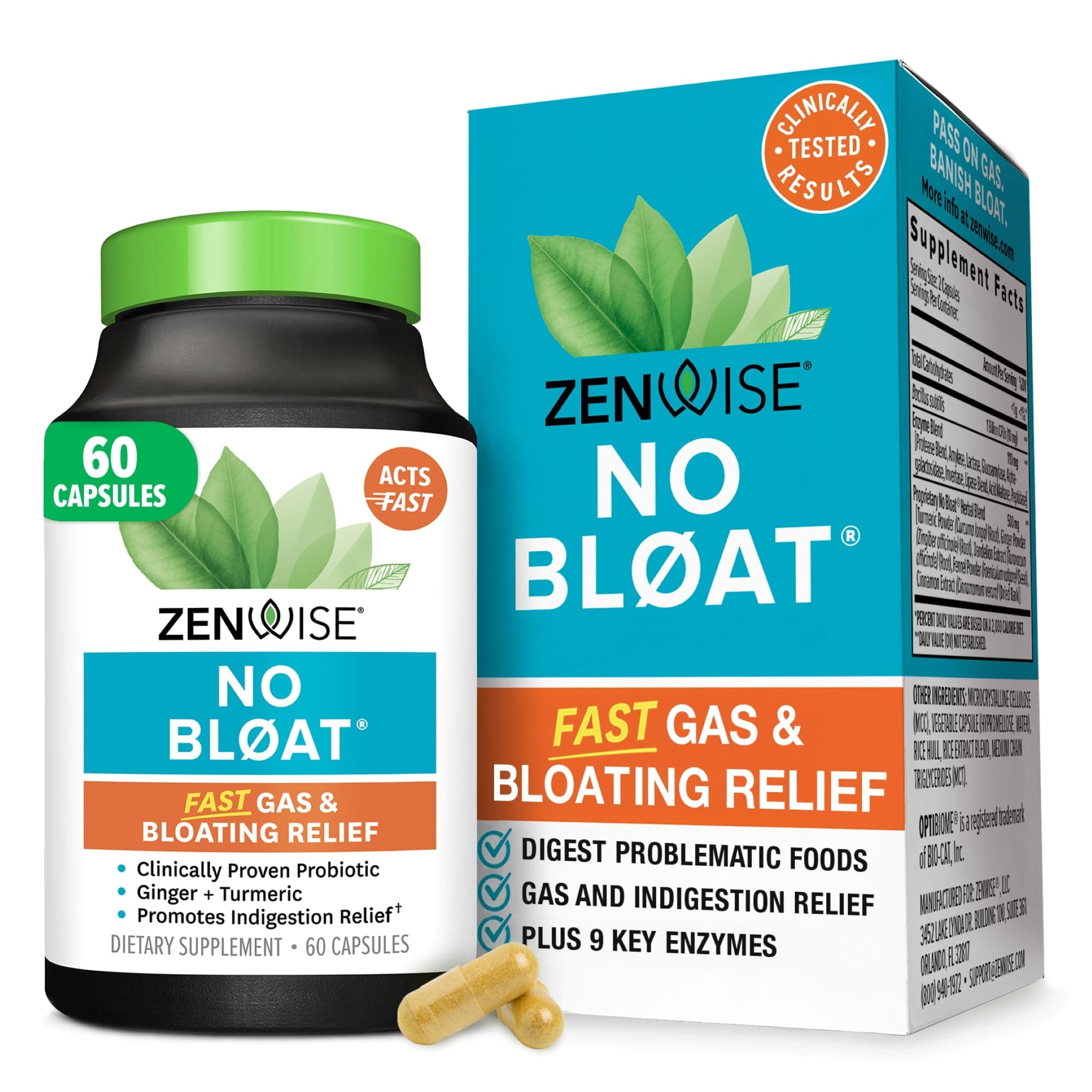 No Bloat Digestive Enzymes for Gut Health, Gas & Bloating Relief - Multi Enzymes Digestion Supplement with Probiotics, Ginger, Turmeric Dandelion & Lactase - Men & Women - 60 Count