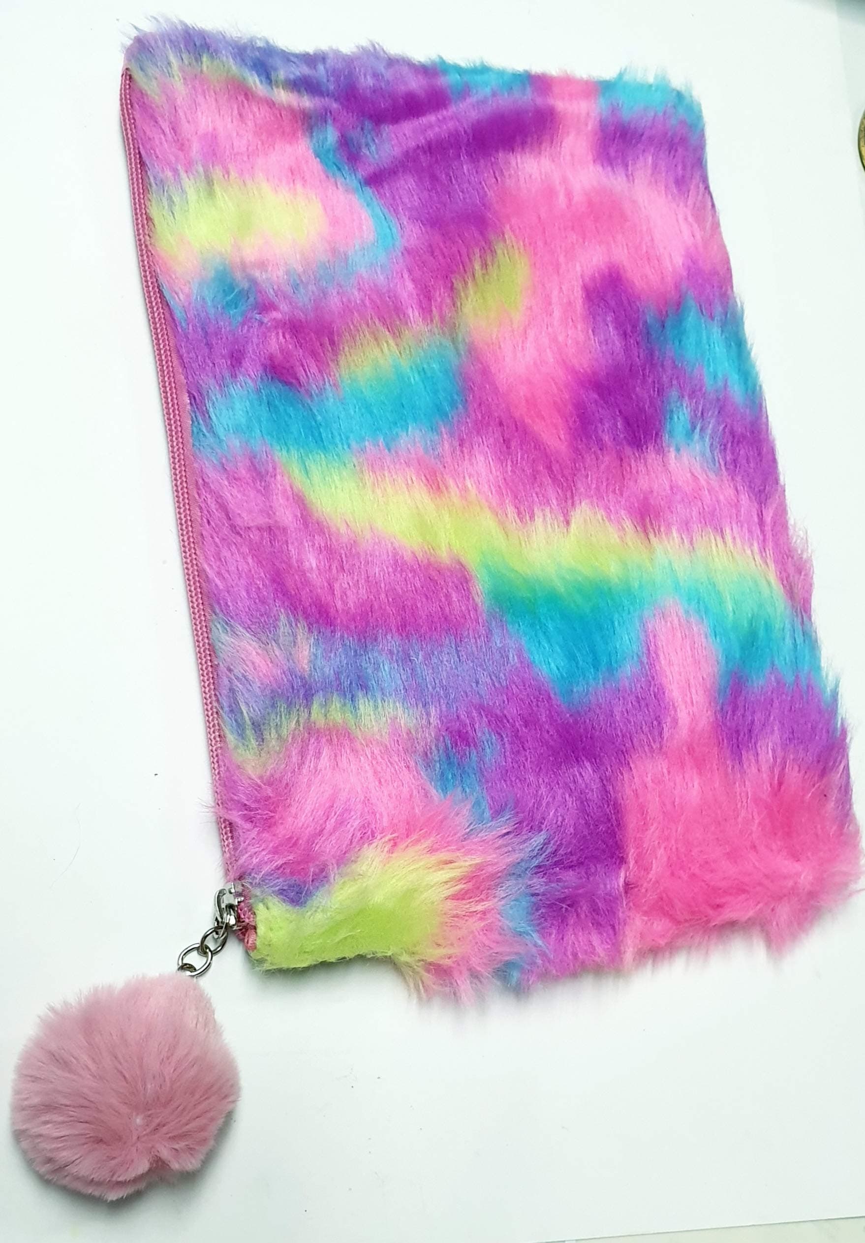 ShopNGift Multipurpose Rainbow Soft Furry Plush Holographic Pouch with Pom Pom (Big Size)