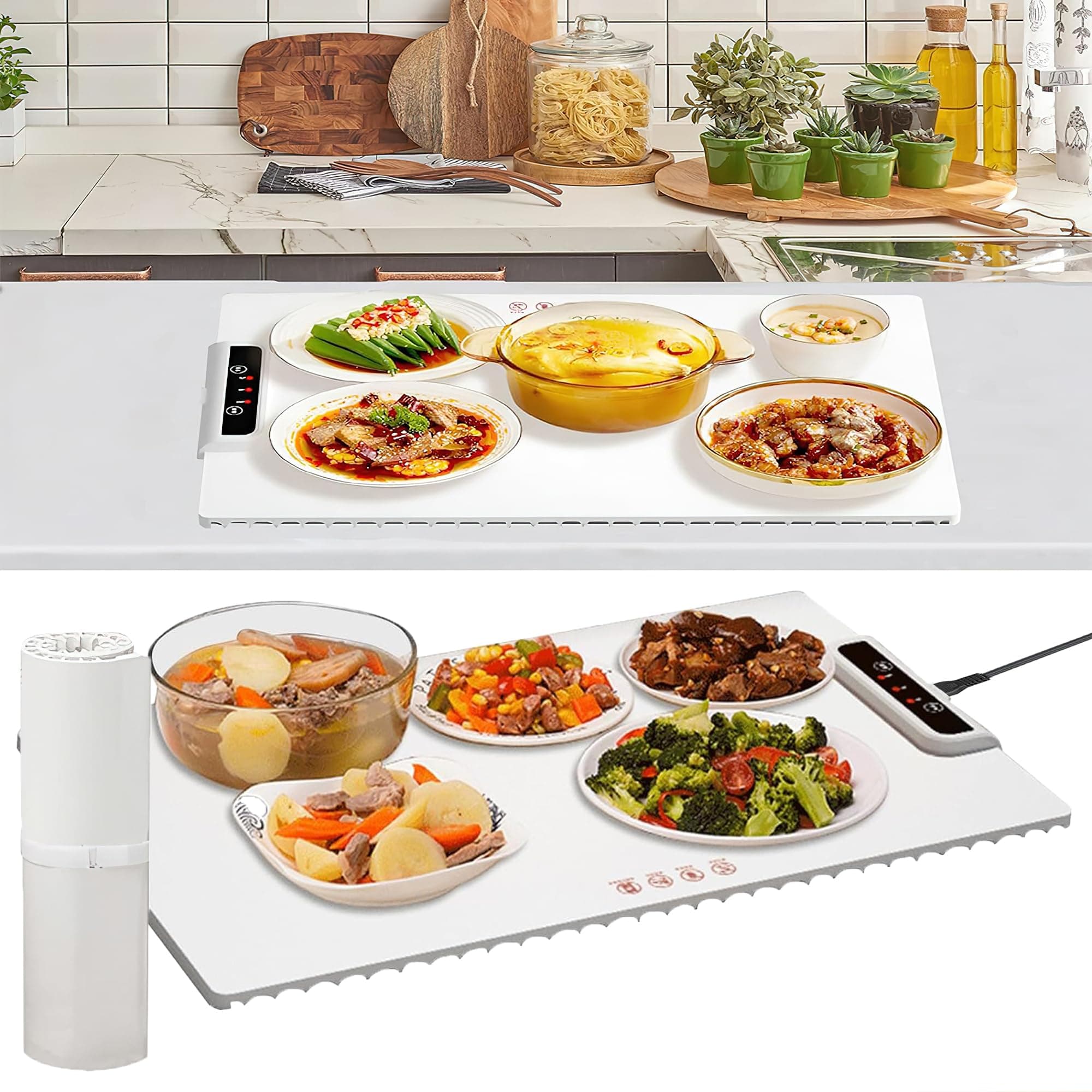 MULZI Silicone Full Surface Heating Mat: Electric Food Warmer with 3 Temperature Settings, Rollable and Portable Dining Table Tray Hotplate, Ideal Food Warmer Electric for Warming Trays
