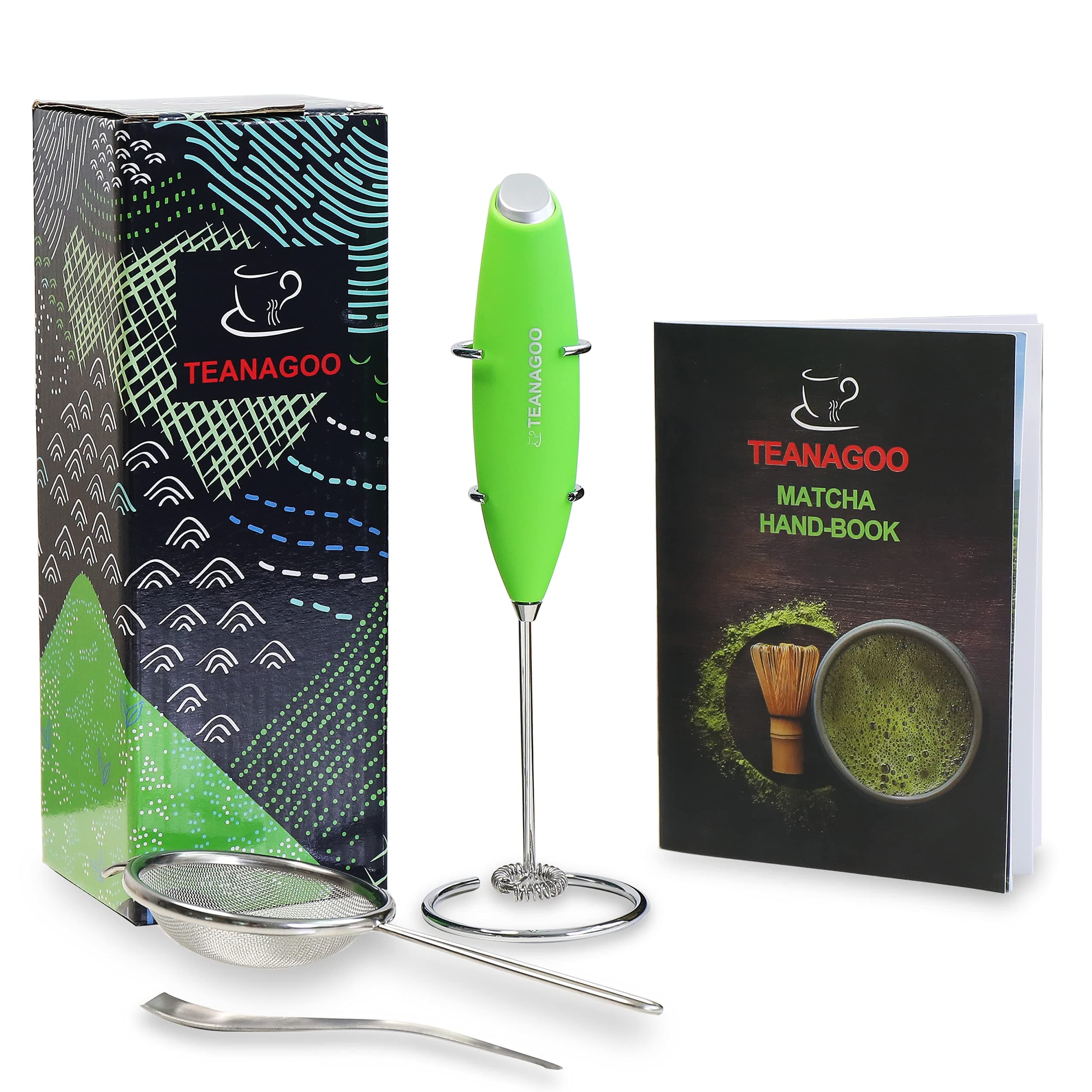 TEANAGOO Matcha Electric Whisk & Stand, Stainless Steel Scoop & Sifter, Handbook. 5pcs/set, Good For Matcha starter. Matcha Whisk, Mini Whisk, Frother Electric, Matcha Wisk, Matcha Frother