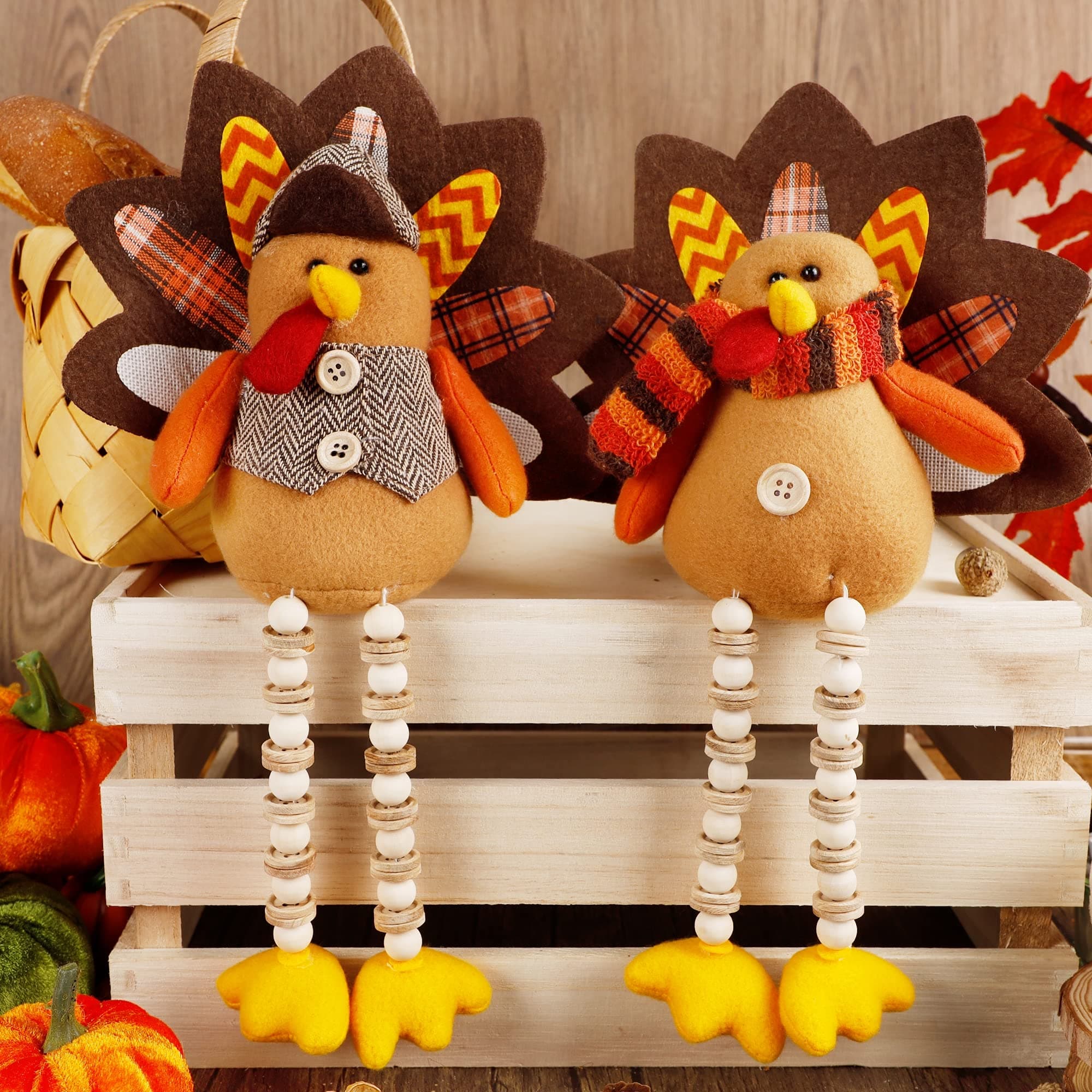winemana Thanksgiving Decorations Set of 2 Turkeys with Dangling Legs, Mr and Mrs Turkey Couple Plush Tabletop Centerpieces for Fall Harvest Home Kitchen Shelf
