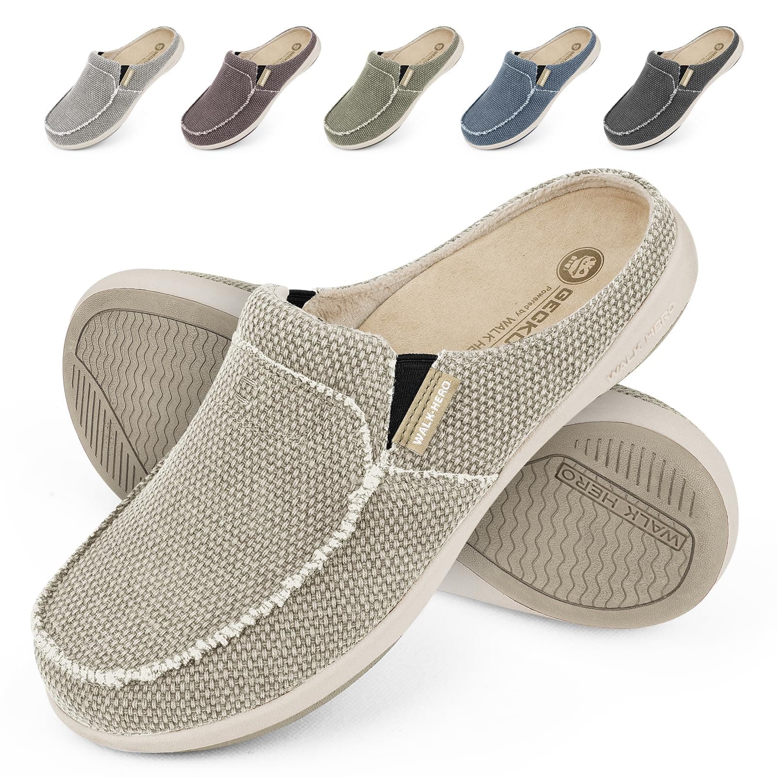 Mens Slippers with Arch Support, Canvas House Slipper for Men with Velvet Lining, Slip On Clog, Indoor Outdoor House Shoes with Anti-Skid Rubber Sole