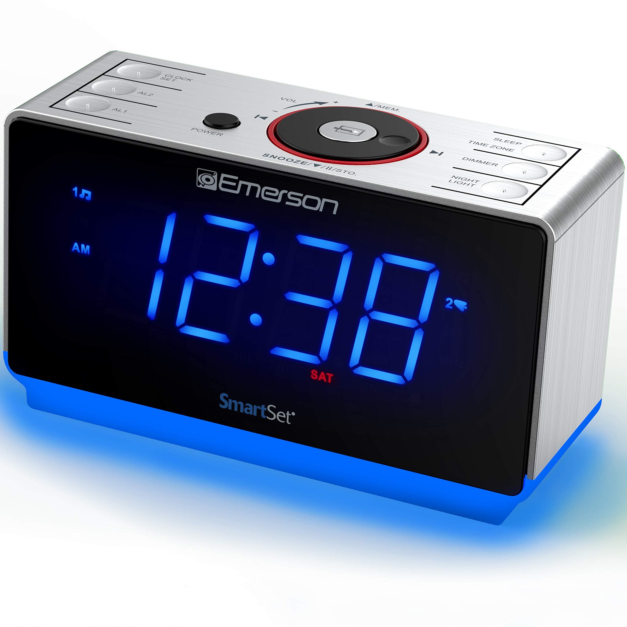 Emerson Radio ER100112 Smartset Alarm Clock Radio with Bluetooth Speaker, USB Charging, Night Light, 1.4" Blue Jumbo Display & Dual Alarm