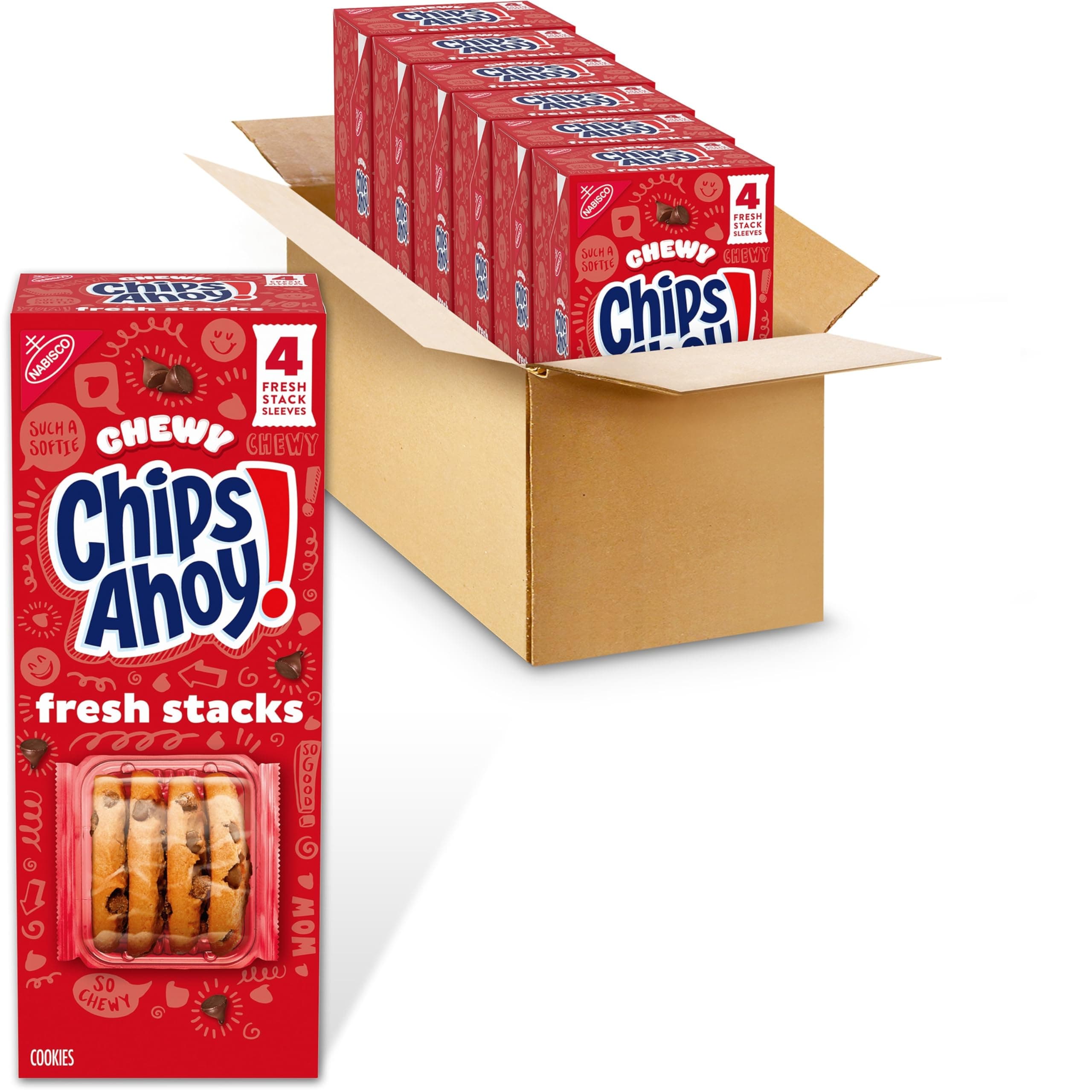 Fresh Stacks Chewy Chocolate Chip Cookies, Bulk Travel Snacks, 6 Boxes (24 Multi Snack Packs)