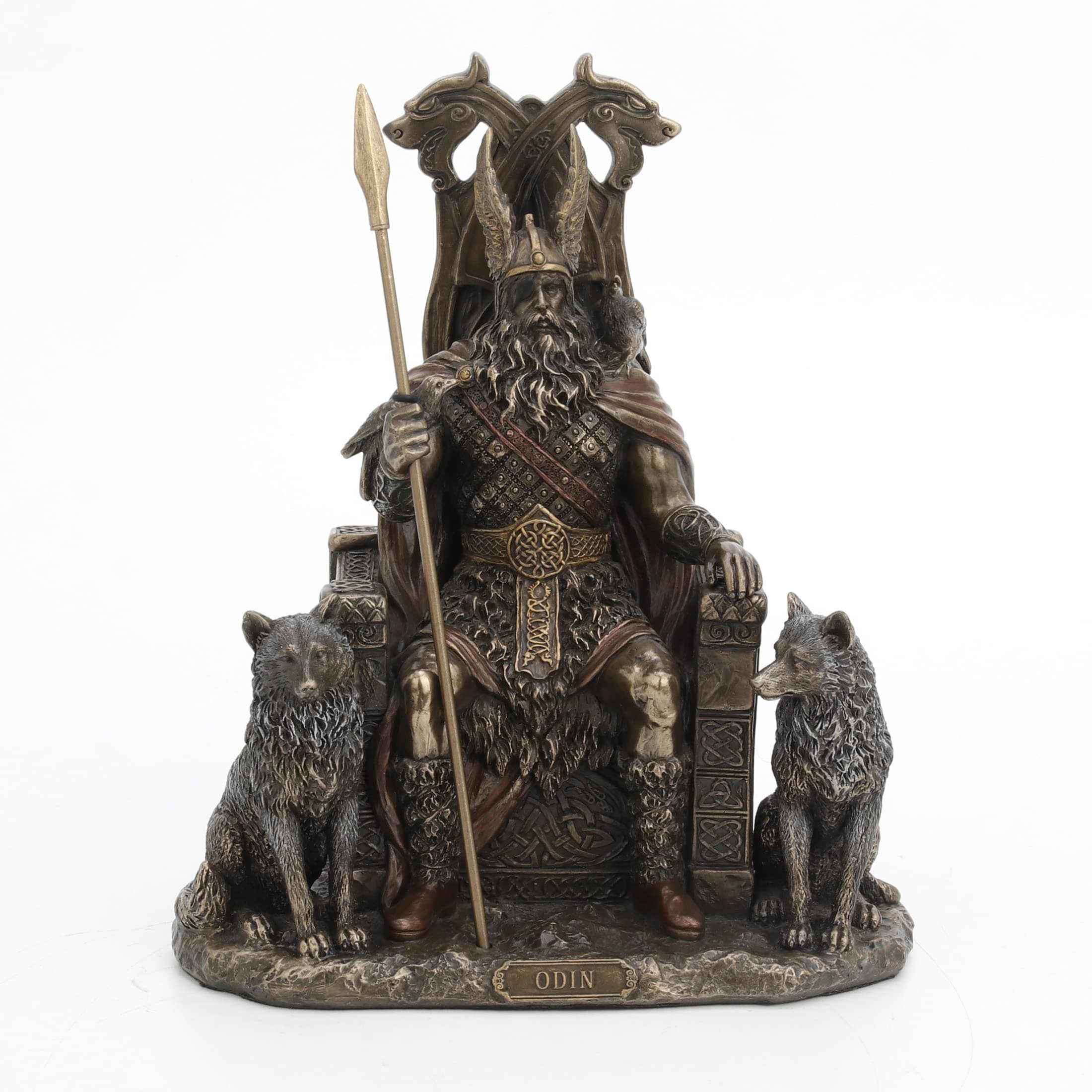 Norse God Odin on Throne with Wolves Bronze Finished Statue