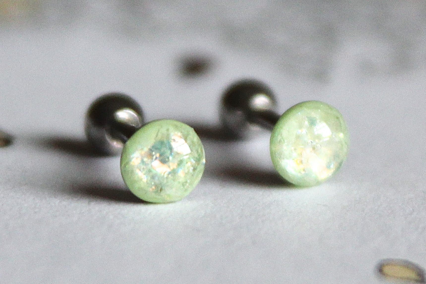 Opalescent Honeydew Externally Threaded Barbell Labret Earrings, 18g or 16g