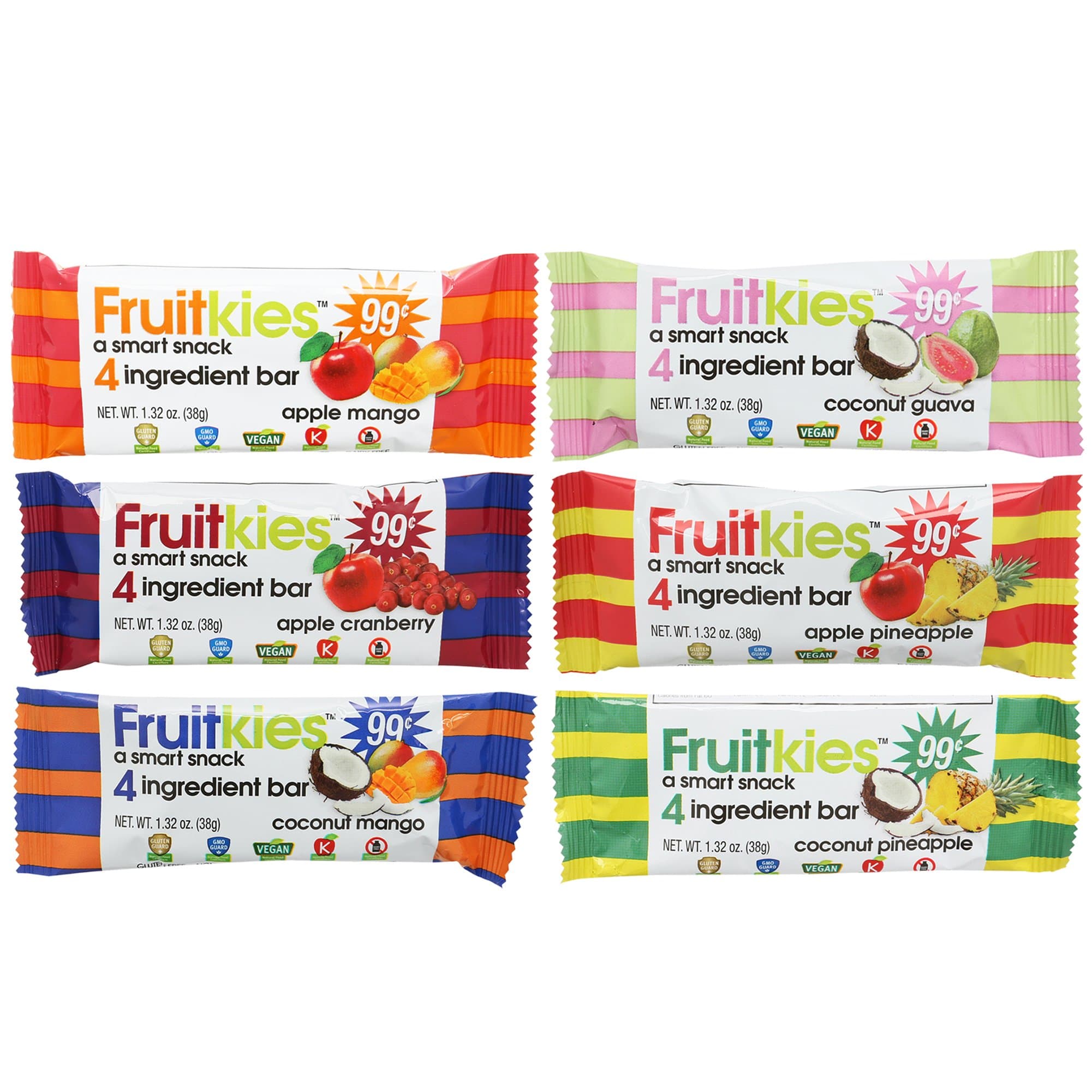 Fruitkies 4 Ingredient Healthy Fruit Snack Bars, | Certified Non-GMO, Vegan, Dairy Free, Gluten Free, Kosher| 1.32-Ounce (Variety Pack, 36 Count)