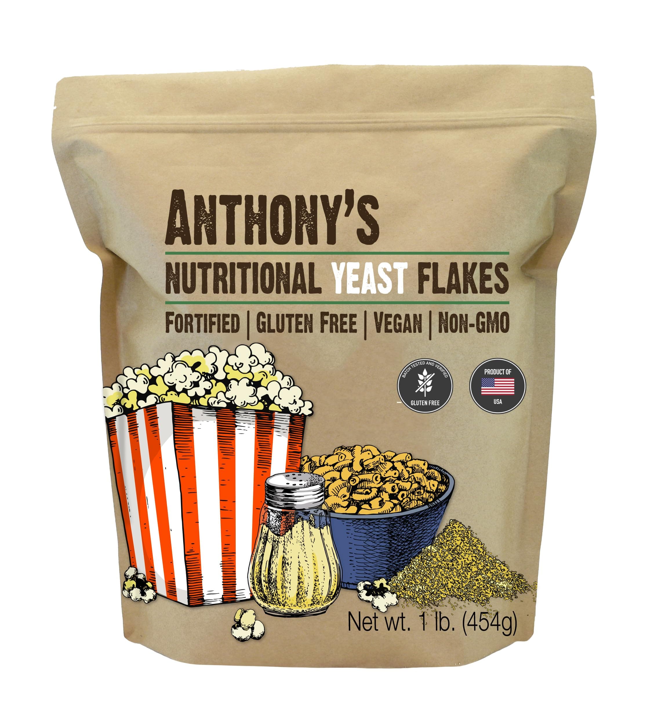 Anthony's Premium Nutritional Yeast Flakes, 1 lb, Fortified, Gluten Free, Non GMO, Vegan
