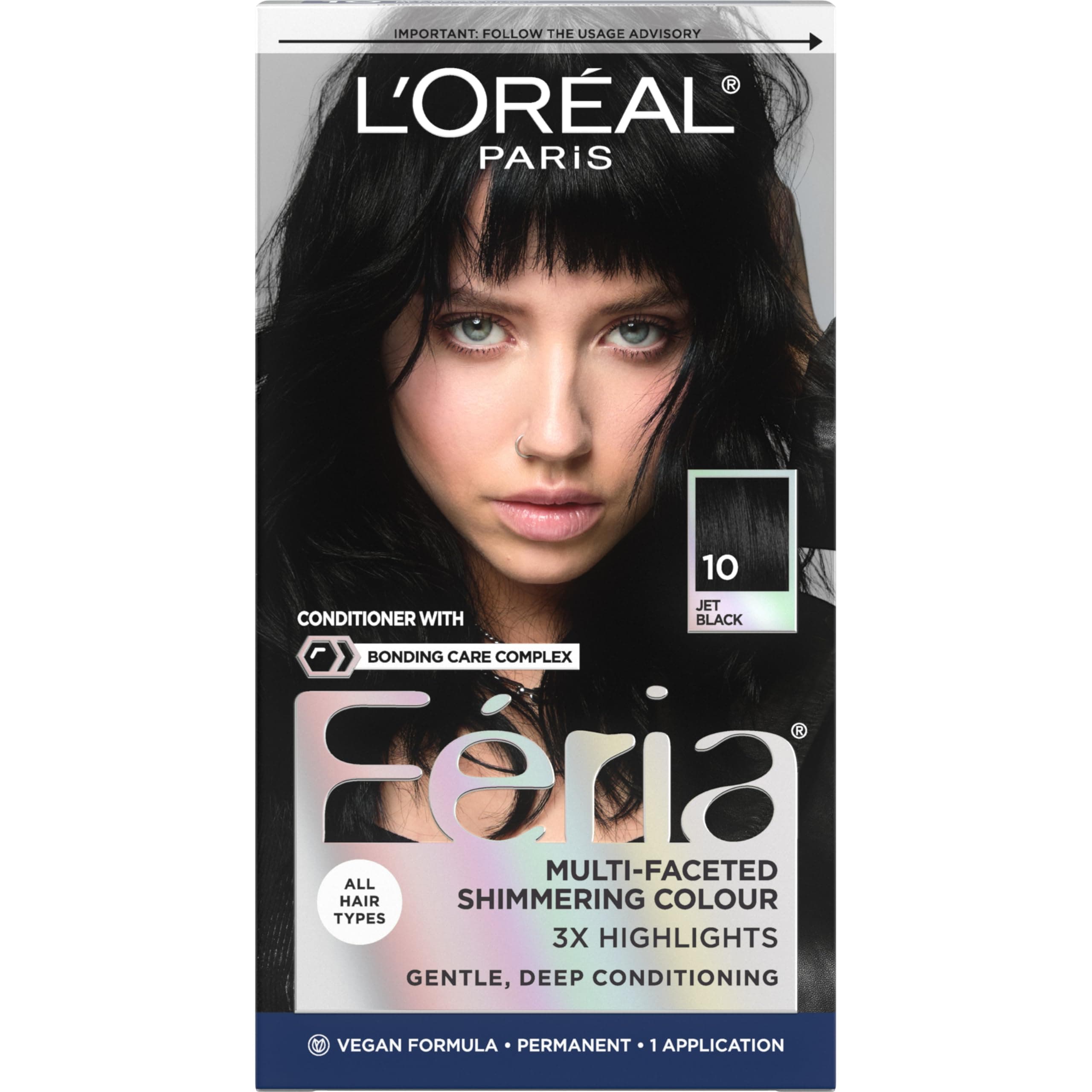 L’Oreal Paris Feria Multi-Faceted Shimmering Permanent Hair Color, High Intensity Hair Dye for 3X Highlights, 10 Jet Black (Blackest Black), 1 Hair Dye Kit