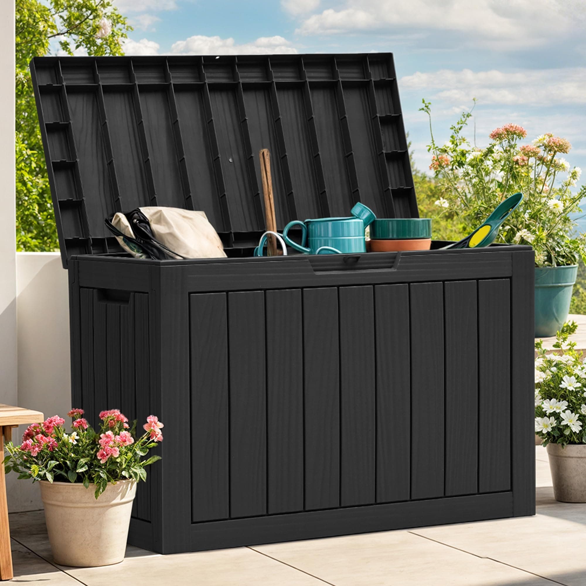 YITAHOME Outdoor Storage Box, 45 Gallon Waterproof Resin Deck Box, Lockable Organizer for Patio, Poolside, Deck, Cushions, Throw Pillows, Garden Tools, Black