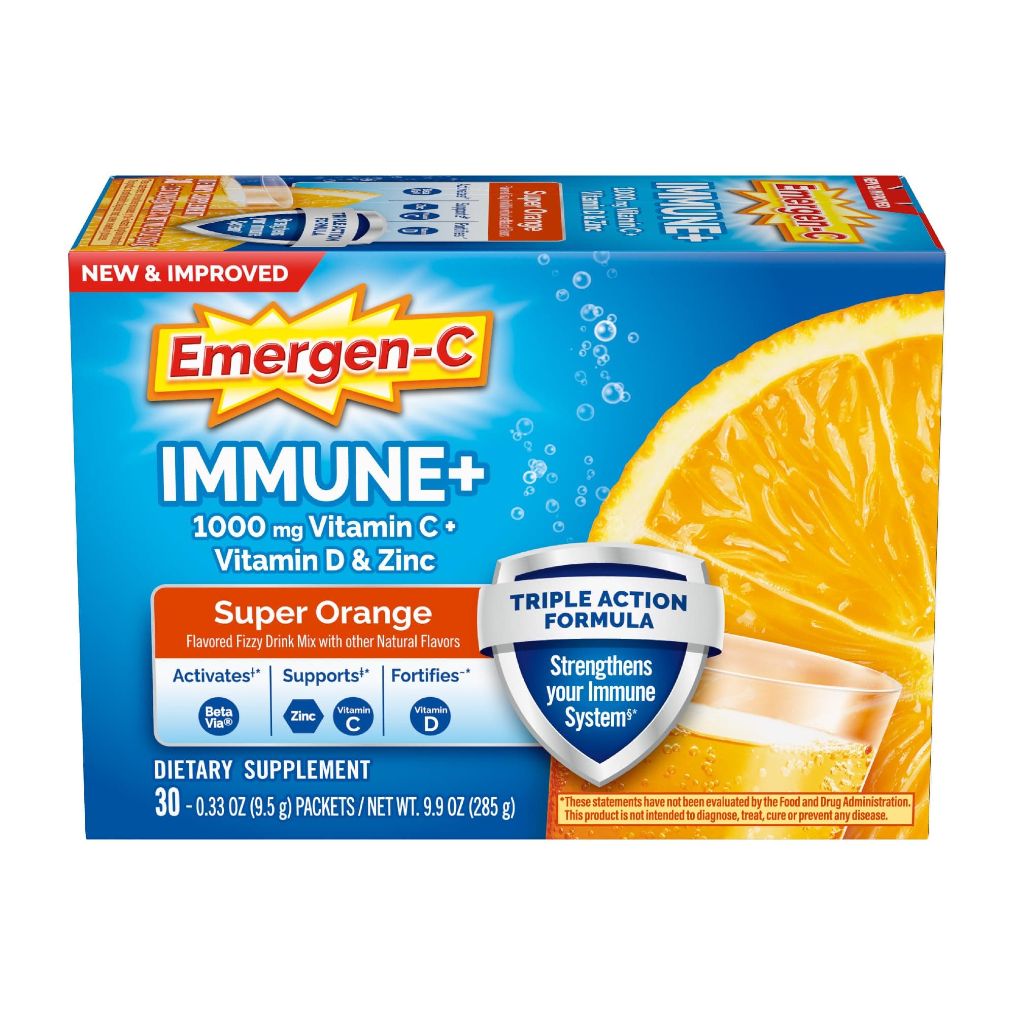 Emergen-C Immune+ 1000mg Vitamin C Powder, with Vitamin D, Zinc, Antioxidants and Electrolytes for Immunity, Immune Support Dietary Supplement, Super Orange Flavor - 30 Count/1 Month Supply