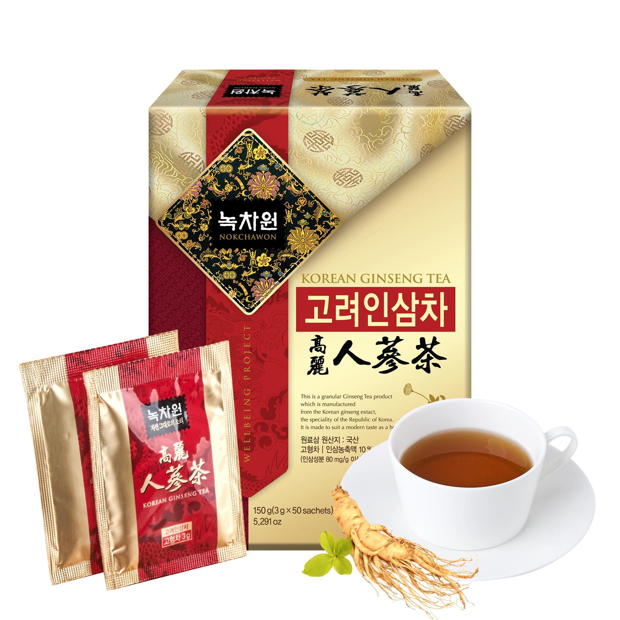 Nokchawon] 高麗人参茶顆粒、50袋-純朝鮮人参エキス、すぐに混ぜられる顆粒、ホットまたはコールドティー