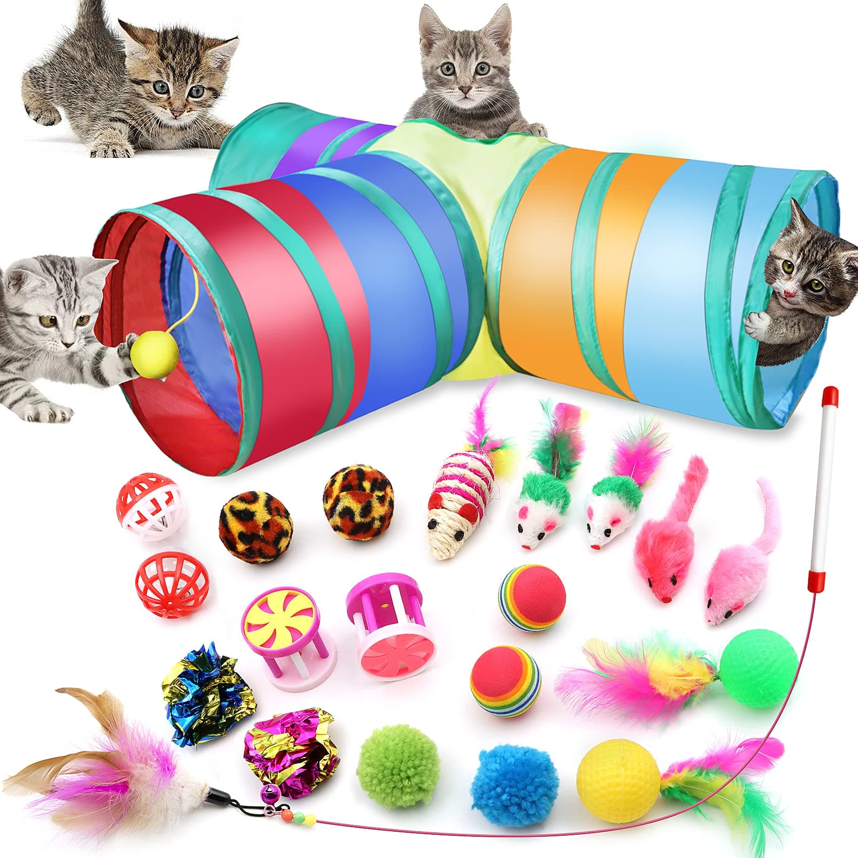 21 Pcs Cat Interactive Toys, Cat Toy Set for All Kind of Cats, Kitten Toys including three-hole tunnel, fluffy mouses cat toy, teaser wand, golf with feather, five types of balls and bell
