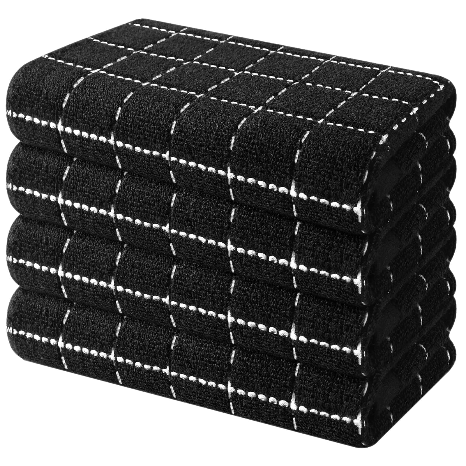 Mordimy 100% Cotton Terry Cloth Kitchen Towels, Super Soft and Absorbent Dish Towels for Drying, Checkered Designed Hand Towels for Kitchen, 16 x 26 Inches, 4 Pack, Black