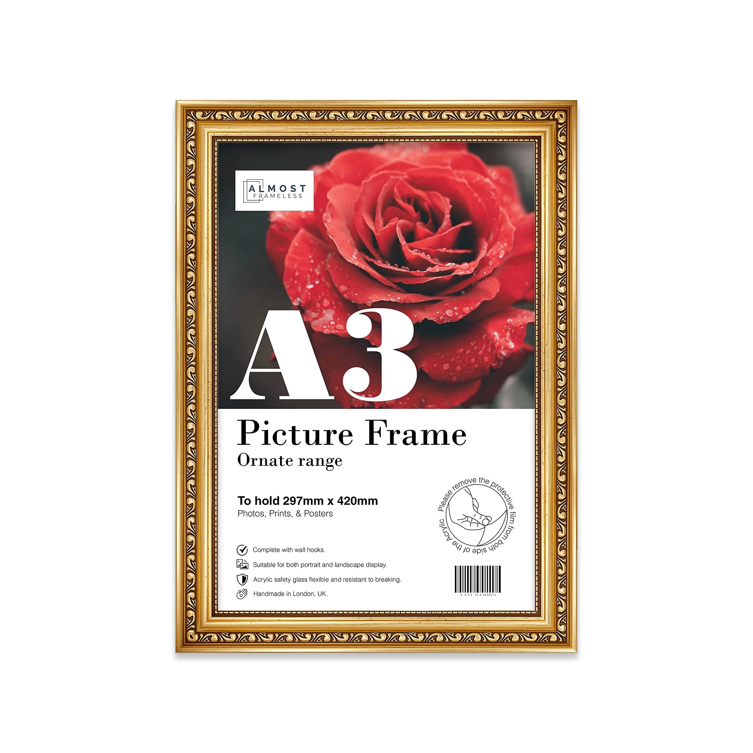 A3 Gold Ornate Picture Frame Fits A3 (29.7 x 42cm - 11.7 x 16.5in) Poster, Photo, Artwork, or Print. Shabby Chic Style Portrait and Landscape Display with Wall Hooks