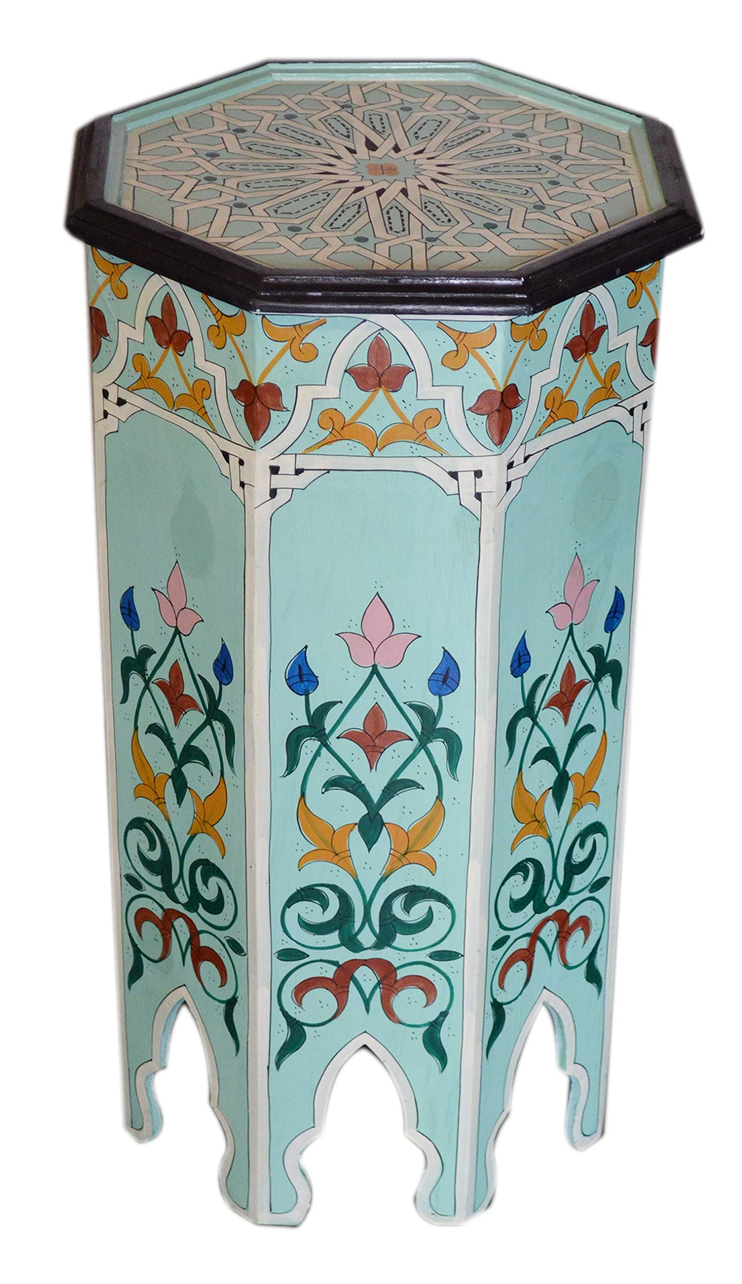 Moroccan Handmade Wood Table Side Tall Delicate Hand Painted Exquisite Light Blue