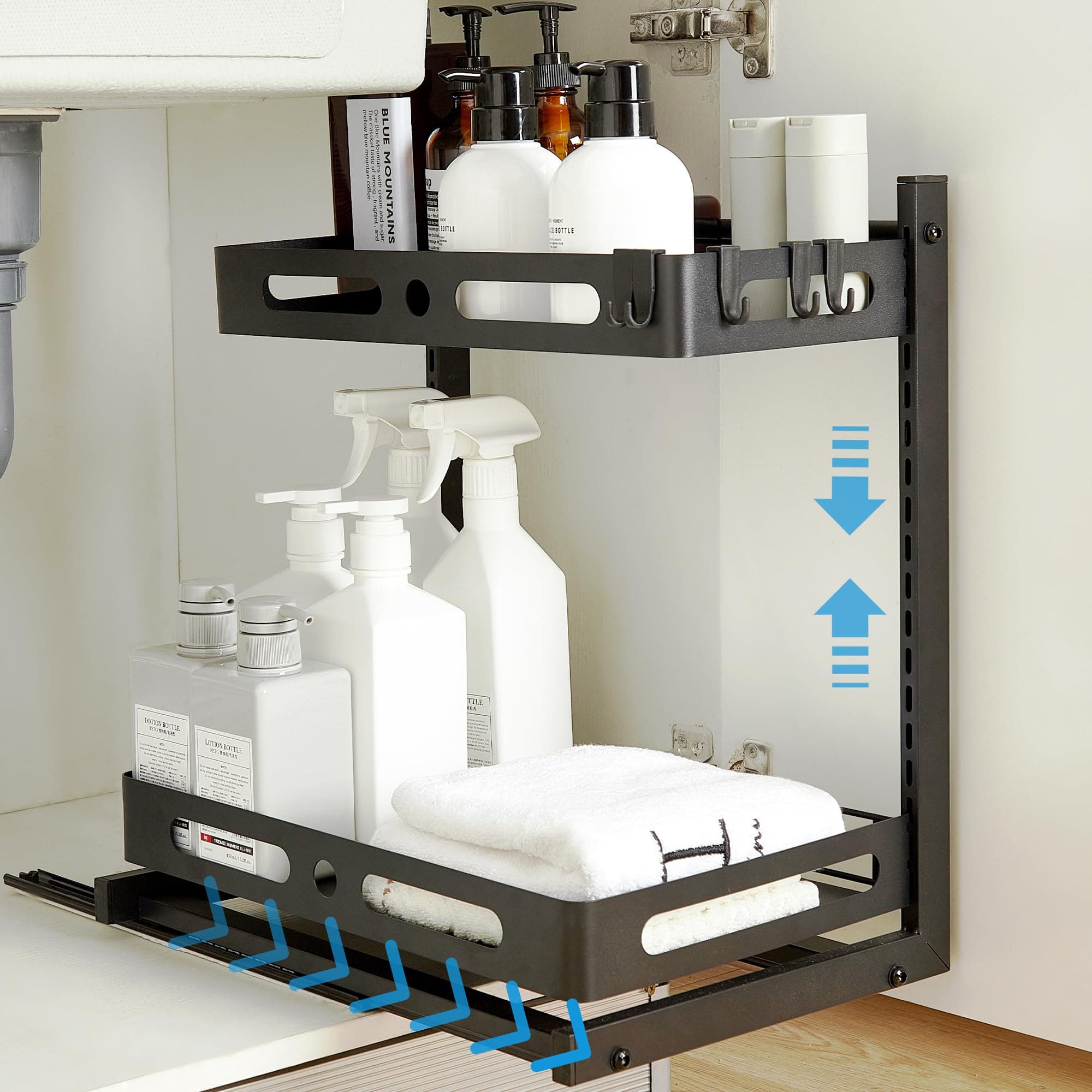 YunNasi2 Tier Pull Out Under Sink Storage Kitchen Organiser, Cabinet Sliding Basket Drawer Shelf, Under Sink Rack, Spice Rack, Metal Organiser for Kitchen Bathroom, Height Adjustable (Black)