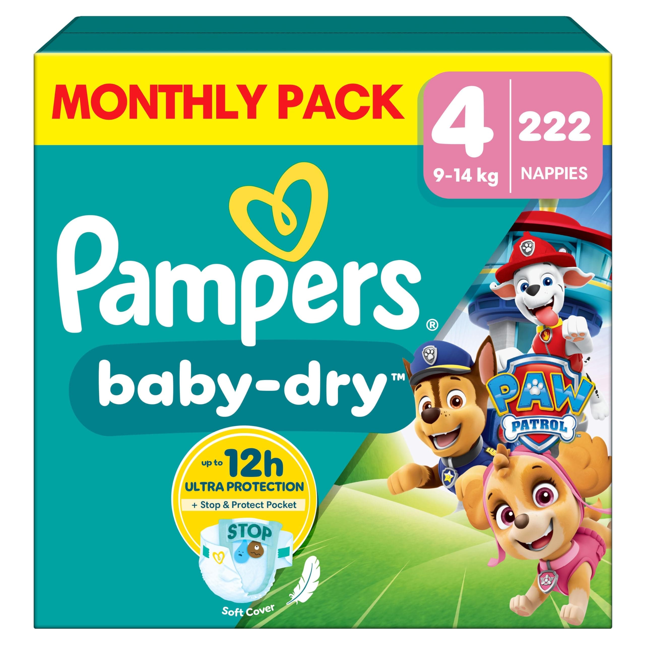 Baby-Dry Paw Patrol Edition Size 4, 222 Nappies, 9kg-14kg, Monthly Pack, Up to a 100% Leak-Free & Comfortable Night
