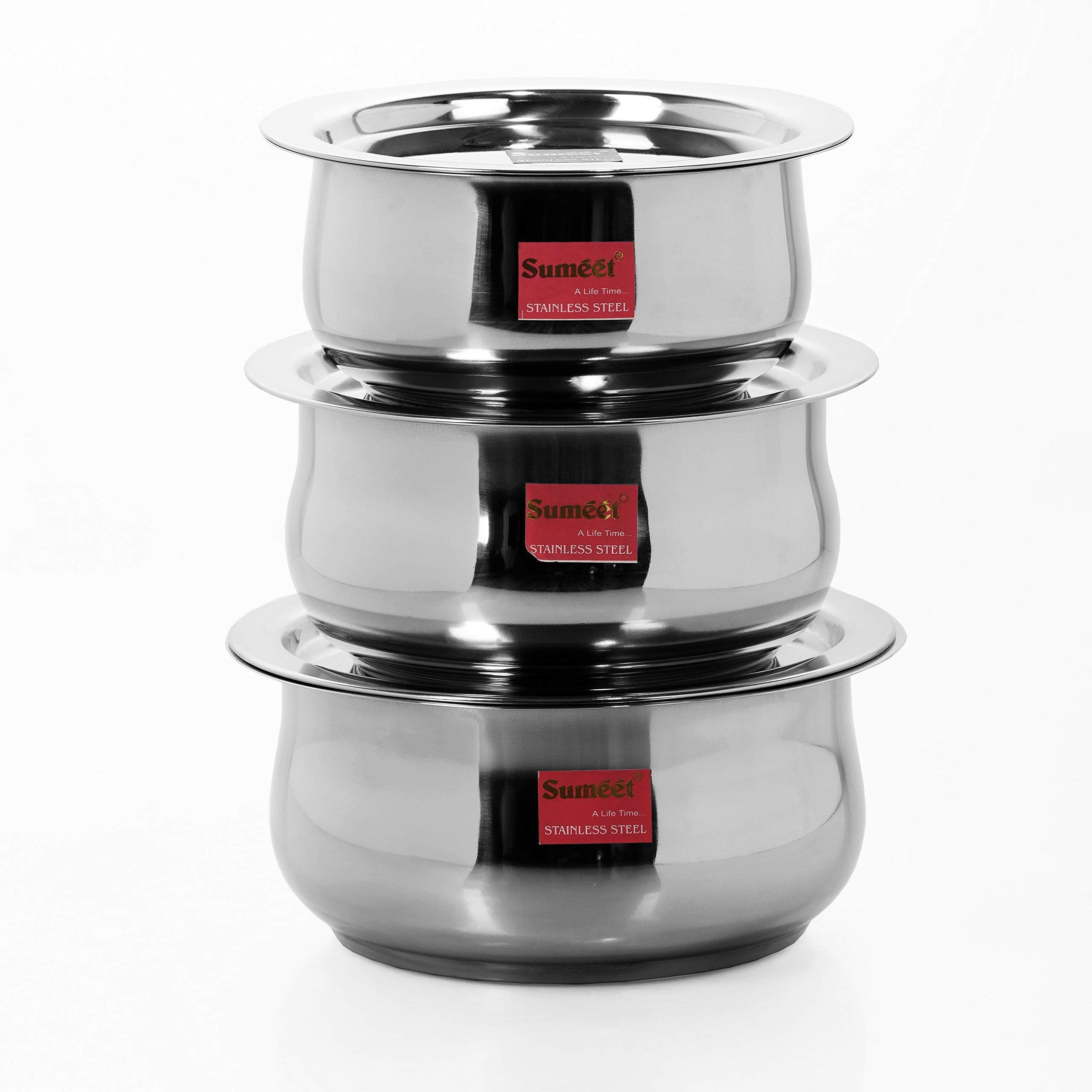 Sumeet Stainless Steel Cookware Set With Lid, 1.6, 2.1 Liters, 3 Piece (Steel) Silver colour 1.1Ltr,1.4Ltr,1.75Ltr