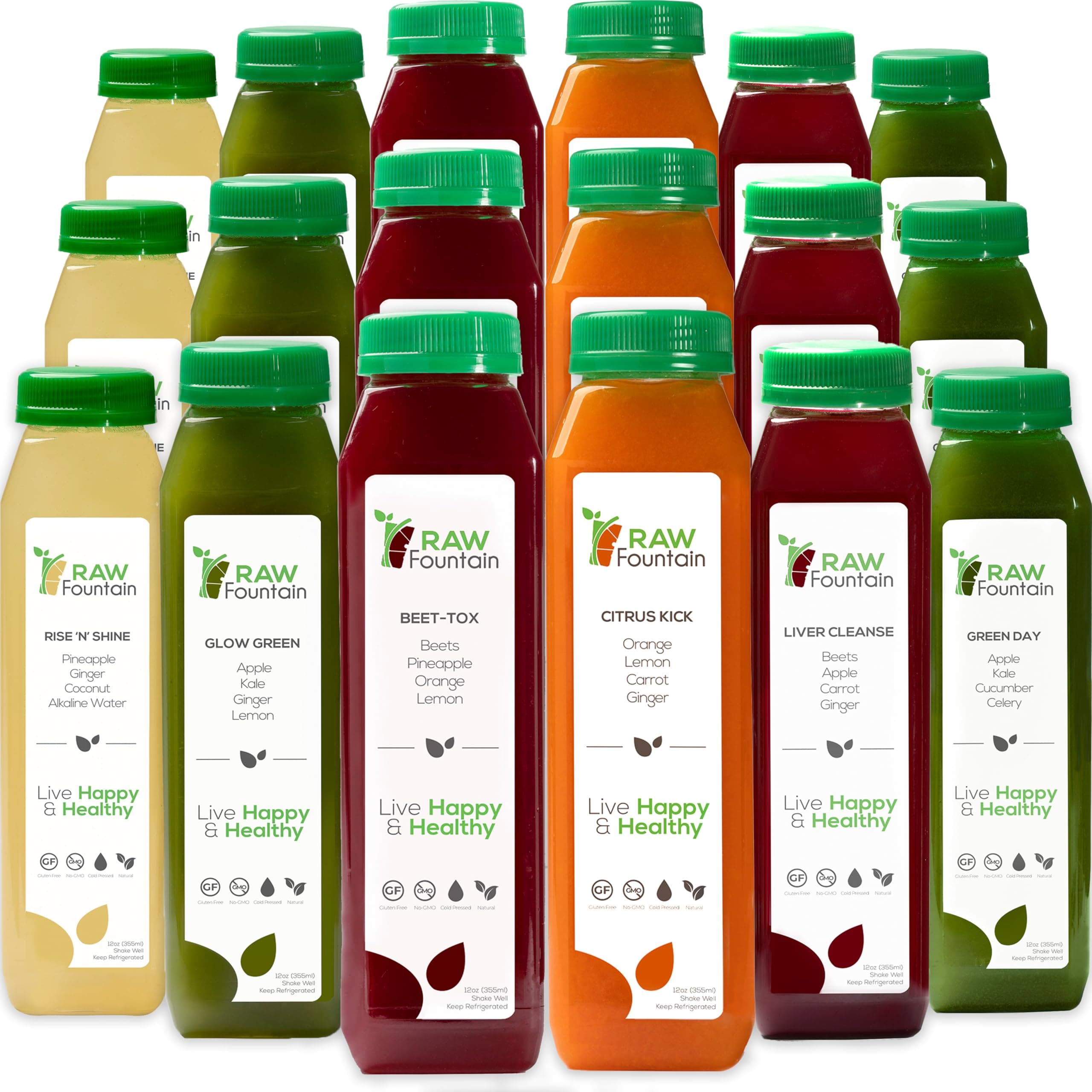 3 Day Juice Cleanse by Raw Fountain, All Natural Raw Detox Cleanse, Cold Pressed Juice Fast, Great Way to Jumpstart a Healthy Diet, Kosher, Vegan, NO Sugar Added, 18 Bottles 12oz