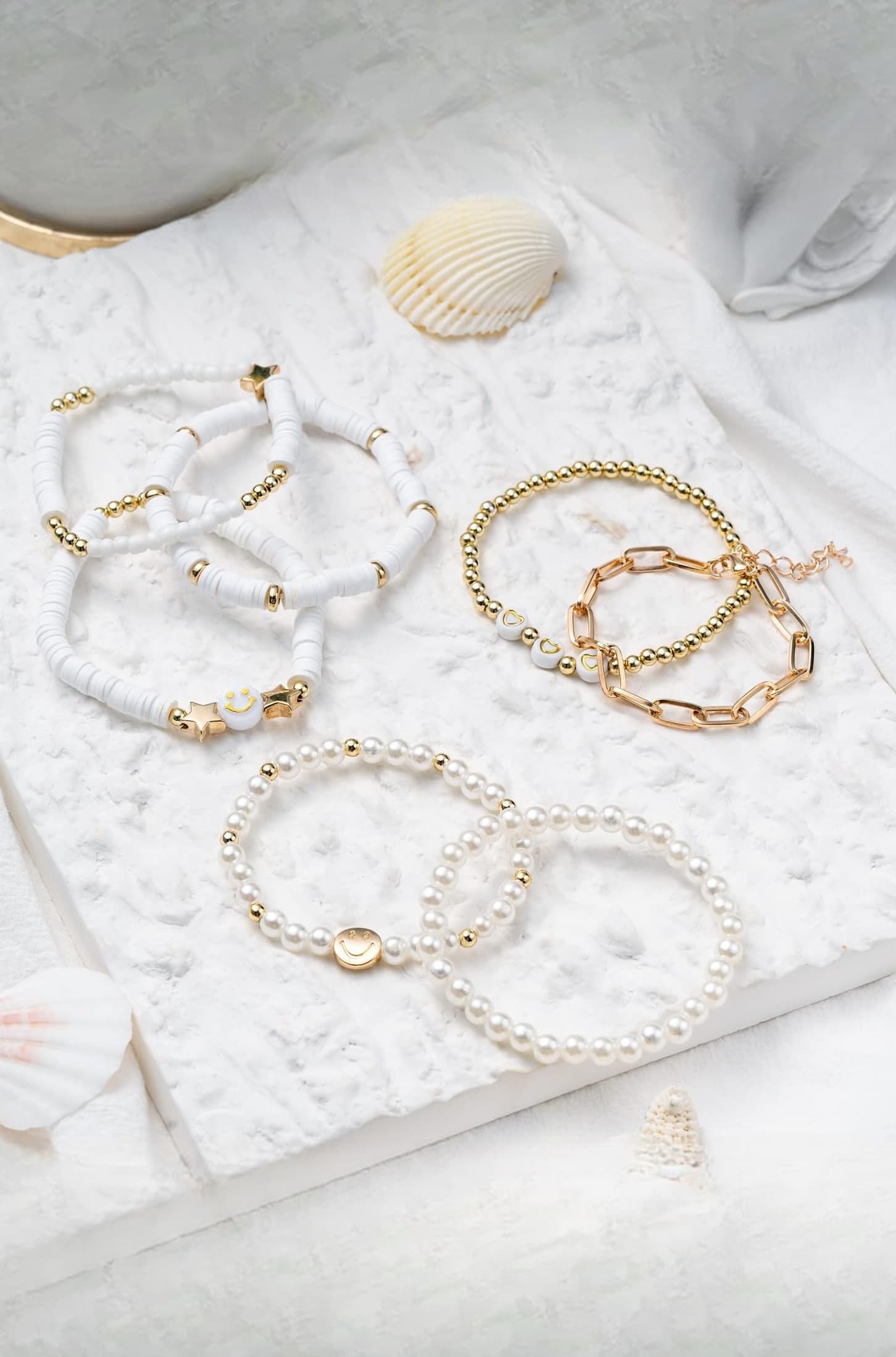 7Pcs Combo Latest Stylish Beach Surfer Bracelets Set | Colorful Preppy Heishi Bracelet | Multilayer Boho Happy Smile Heart Star Stretch Beaded Bracelets | Evil Eye Stackable Beaded Bracelets | Y2K Pearl Bracelets Set for Women Girls Teens