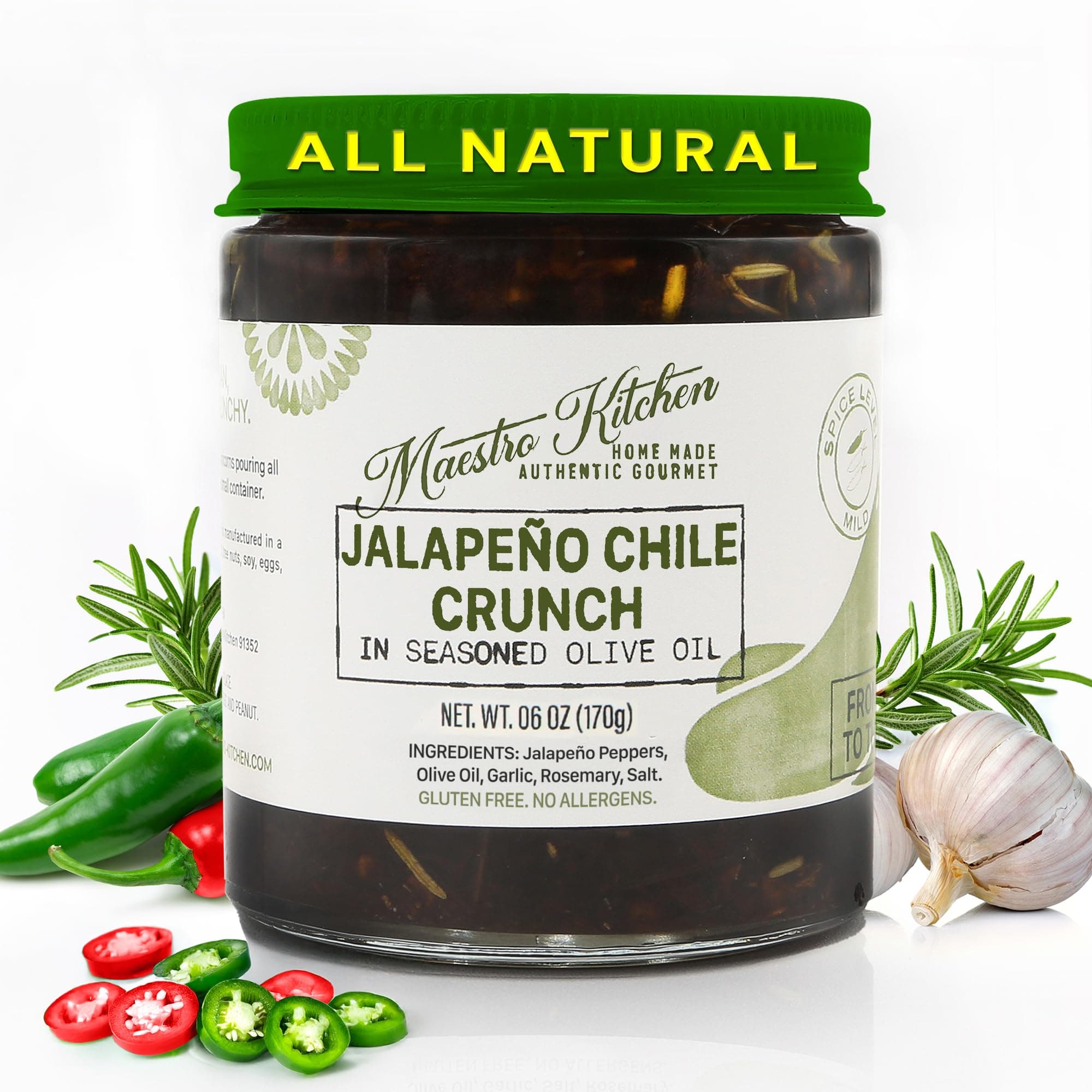 Jalapeno Pepper Chile Crunch 6oz - Mild Mexican Chili Crisp in 100% All Natural Seasoned Olive Oil, Garlic & Rosemary - Spicy Crunchy Hot Sauce – Keto Friendly Vegan Gluten Free NON GMO