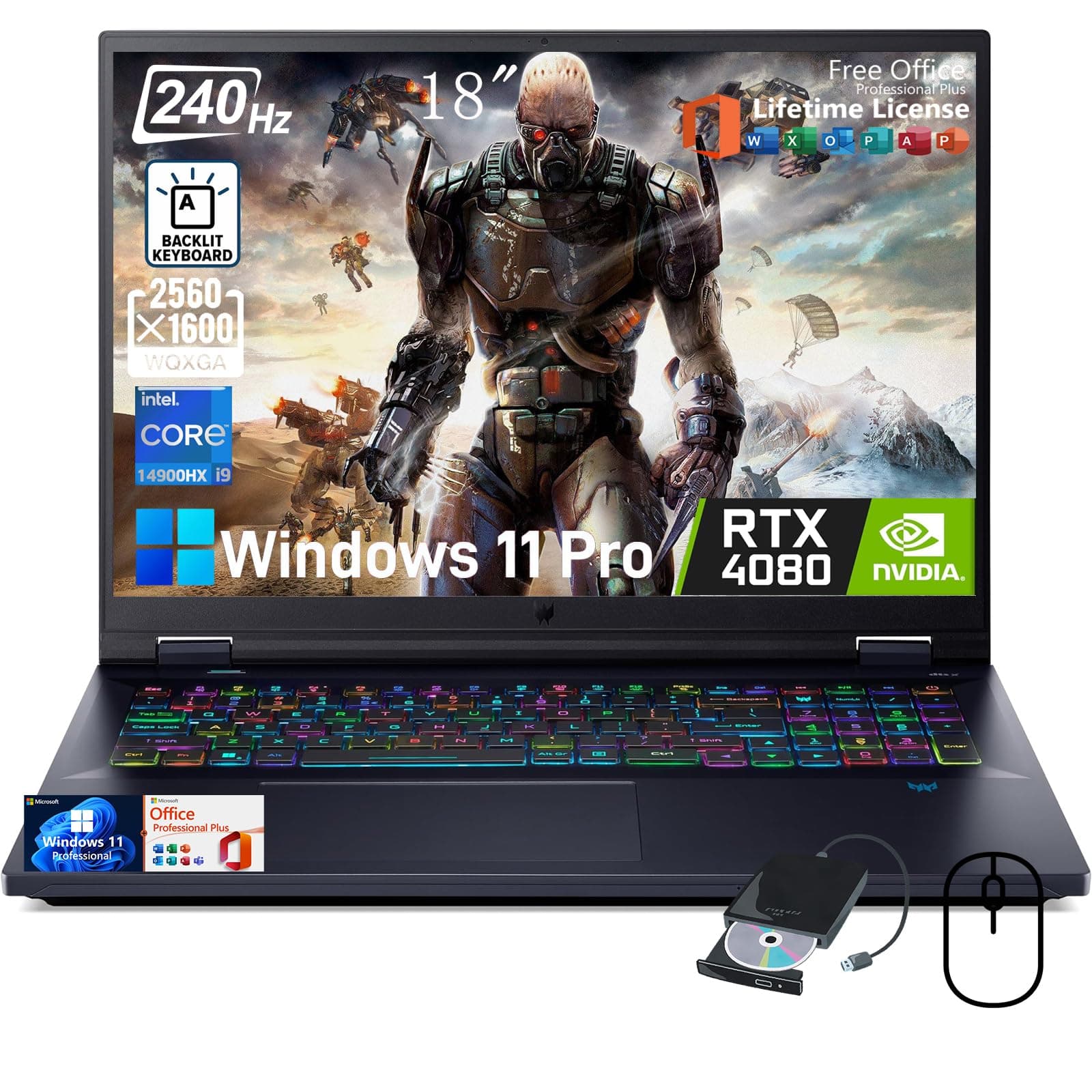 acer Predator Helios 18 Gaming Laptop - 18" 2560 x 1600 IPS 240Hz, Intel i9-14900HX, GeForce RTX 4080, 64GB DDR5, 4TB SSD, Backlit KB, Microsoft Office Lifetime, Windows 11 Pro, WiFi 7, w/Accessories