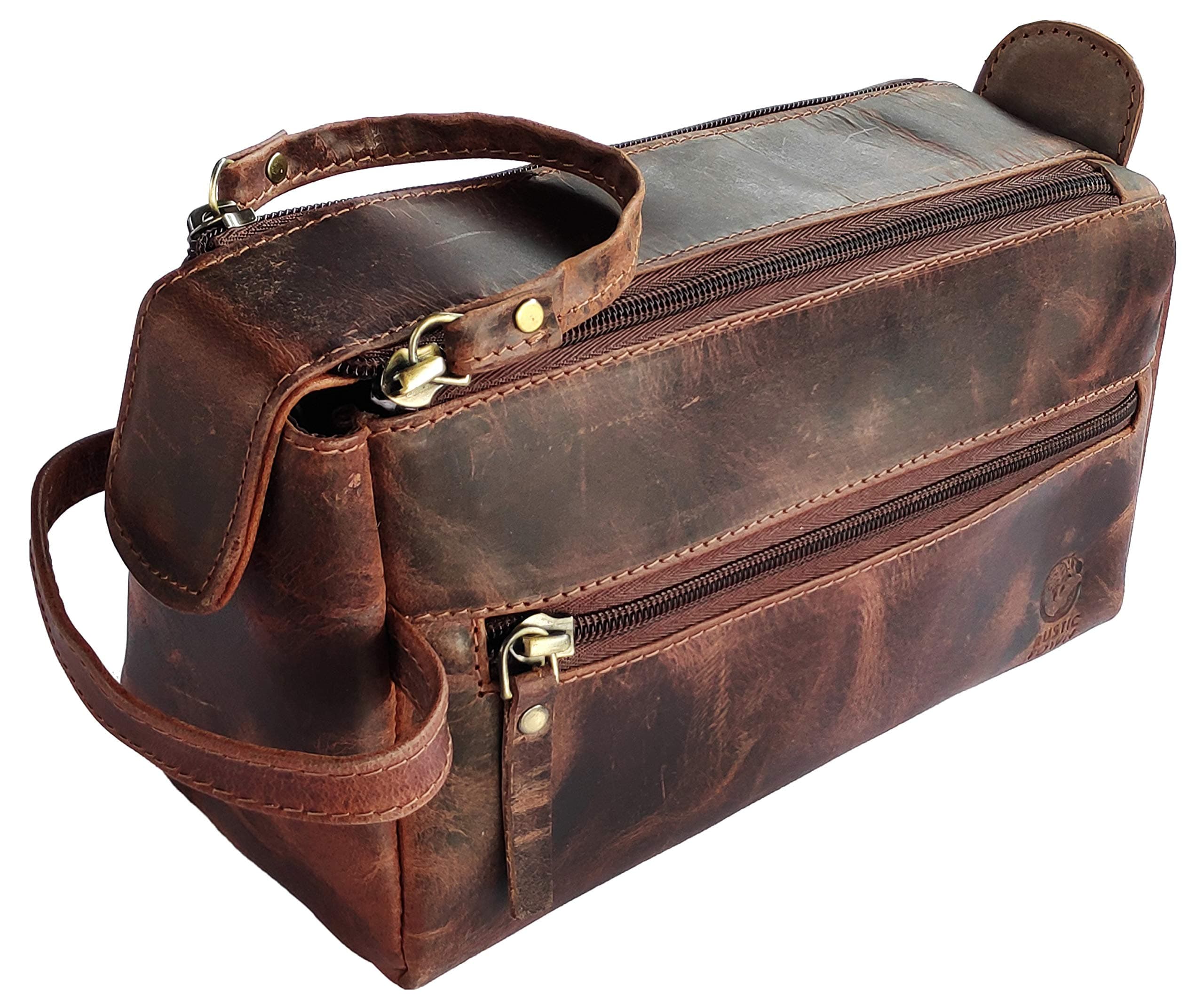 RUSTIC TOWN Buffalo Leather Toiletry Bag : Vintage Travel Shaving & Dopp Kit : for Toiletries, Cosmetics & More : Spacious Interior & Waterproof Lining : Compact, Fits Easily in Luggage