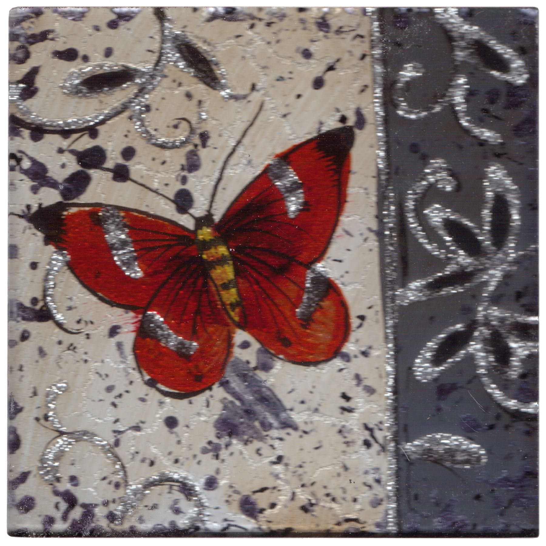 Set of 4 Square Glass Drinks Coasters - Clematis Butterfly Orange