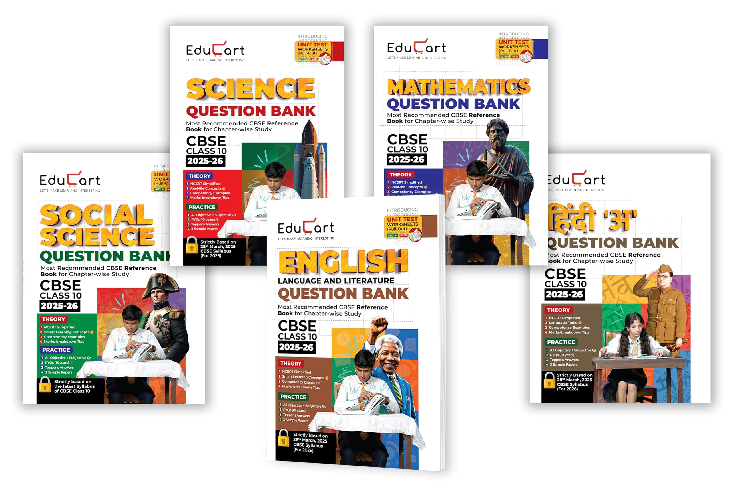 Educart CBSE Question Bank Class 10 Bundle - Science, Mathematics, Social Science, English and Hindi A on New Syllabus 2025-26 (Introducing Unit Test Worksheets for 2026 Boards)