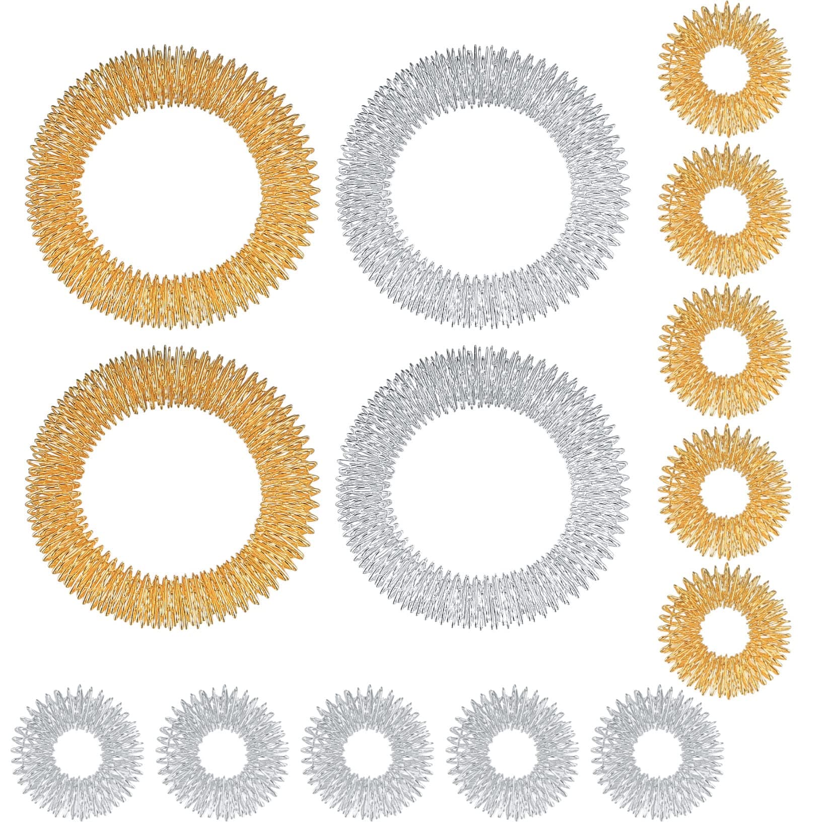 PanBeiQiWEU Massager Set, 14 Pcs Finger Massage Rings & Bracelets, Acupressure Ring Set for Stress Reduction, Finger & Wrist Massager - Gold, Silver