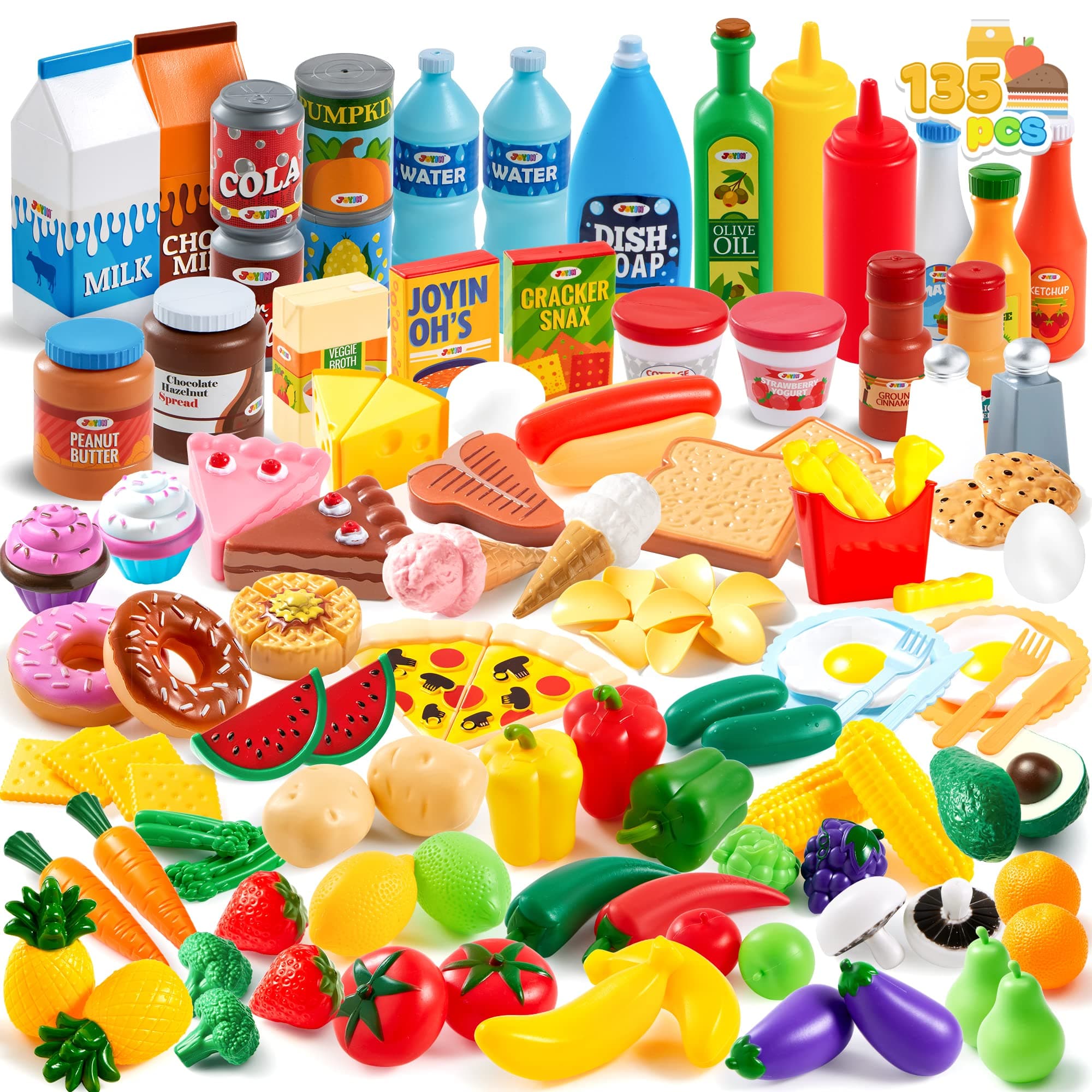 JOYIN 135Pcs Kids Play Food Set, Value Pretend Food for Play Kitchen with Fruit, Vegetable, Can, Dessert, Tableware, Bottles, Dramatic Plastic Toys for Toddler Boys Girls 3+ Years