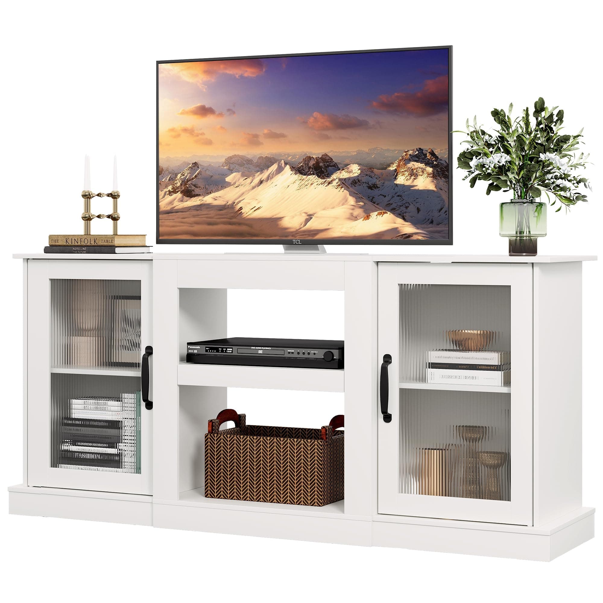 WLIVE Farmhouse TV Stand for 65 inch TV, 58" Entertainment Center with Storage Cabinets, Open Shelves TV Console for Living Room and Bedroom, White