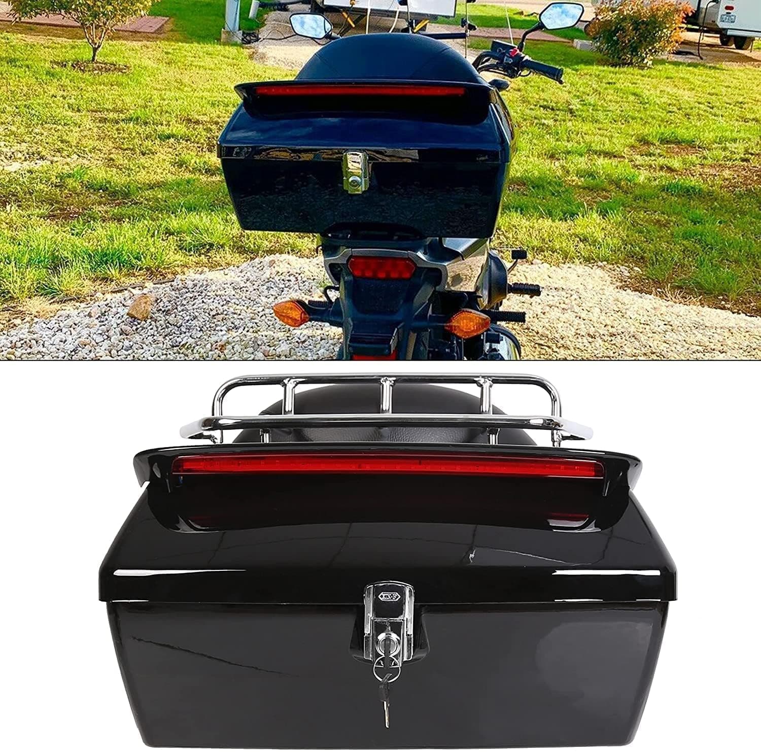 ECOTRIC 50L Universal Motorcycle Trunk W/Taillight & Backrest Luggage Rack Compatible with Harley Honda Yamaha Cruiser Road King Steet Road Glide Fatboy Softail Luggage trunk Tail Box Top Case