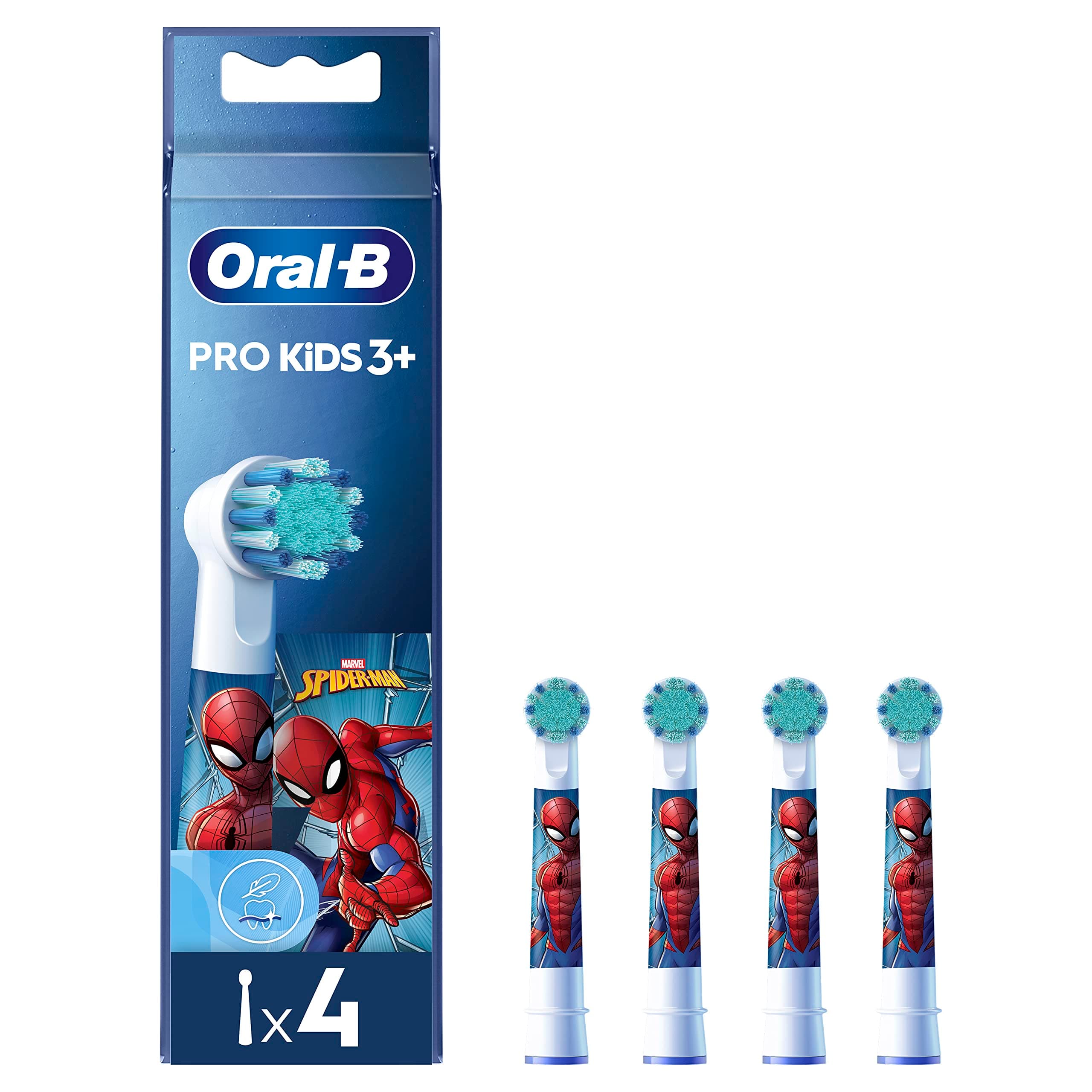 Oral-B Pro Kids Electric Toothbrush Head, with Spiderman Characters, Extra Soft Bristles, for Ages 3+, Pack of 4 Toothbrush Heads, White