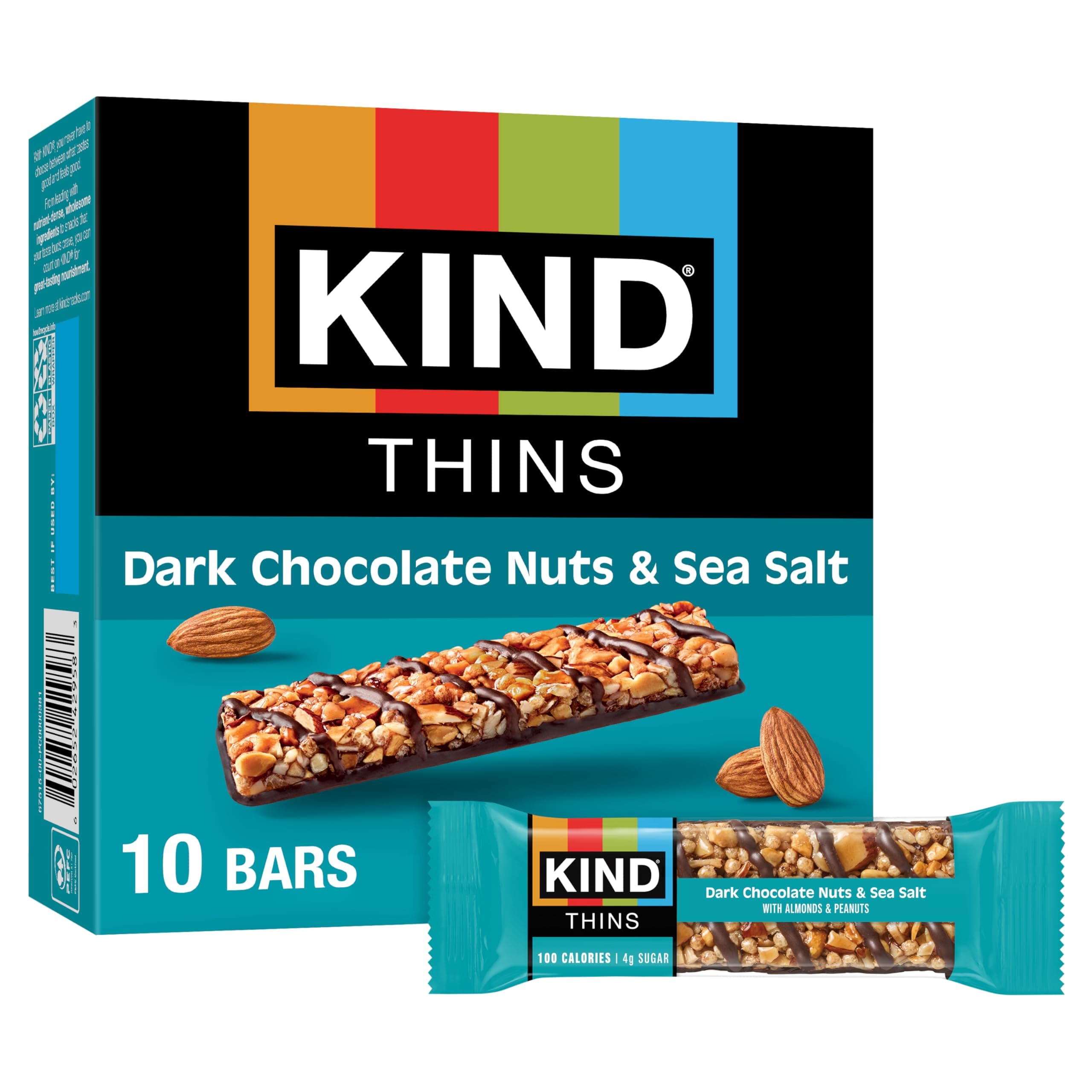 THINS Dark Chocolate Nuts & Sea Salt Bars (Now with Peanuts), Gluten Free, 4g Sugar, 0.74 oz bars, 10 count