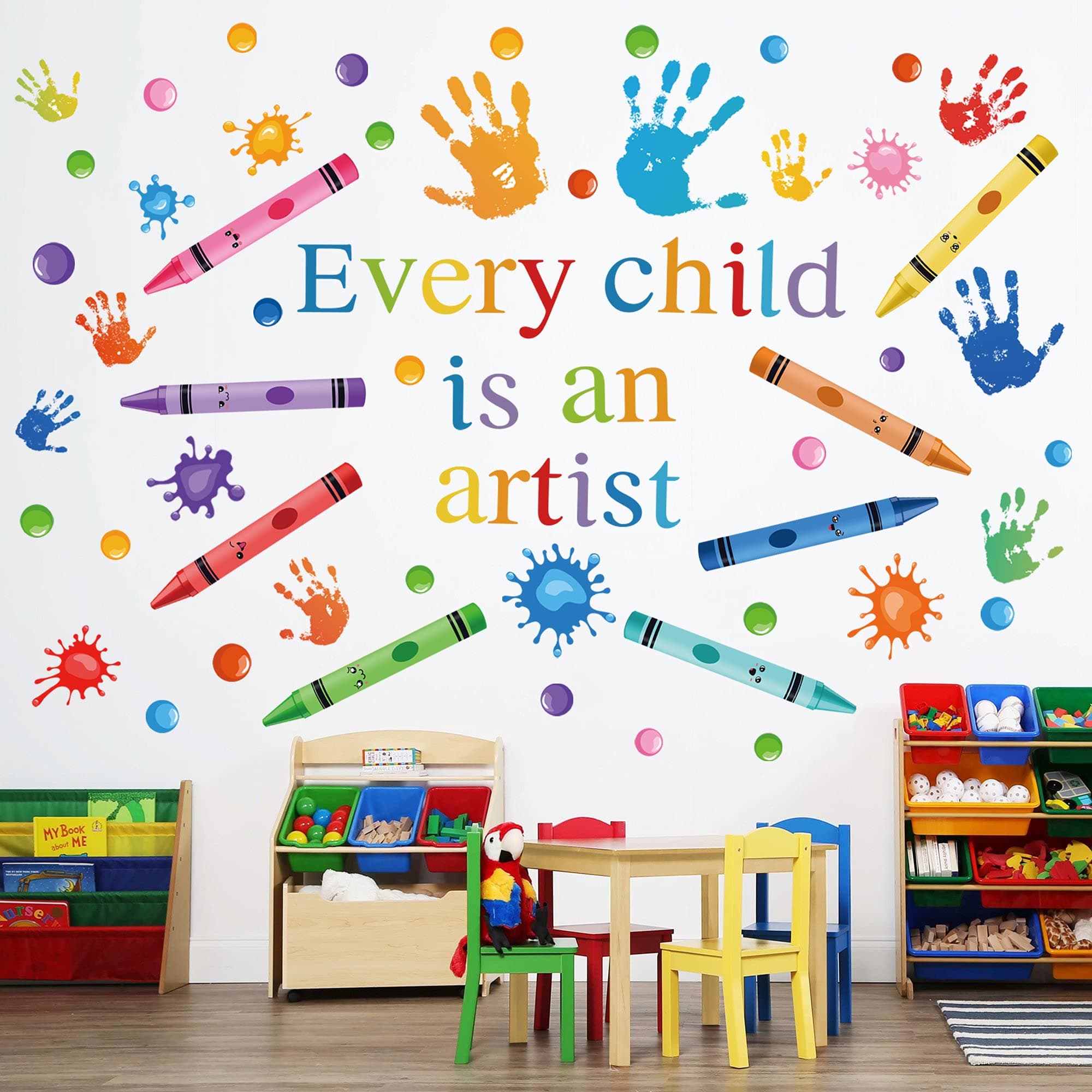 Every Child is an Artist Wall Decals Watercolor Crayon Paint Splatter Wall Decal Handprint Polka Dots Splash Wall Stickers Colorful Peel and Stick for Classroom School Nursery Playroom Daycare Decor