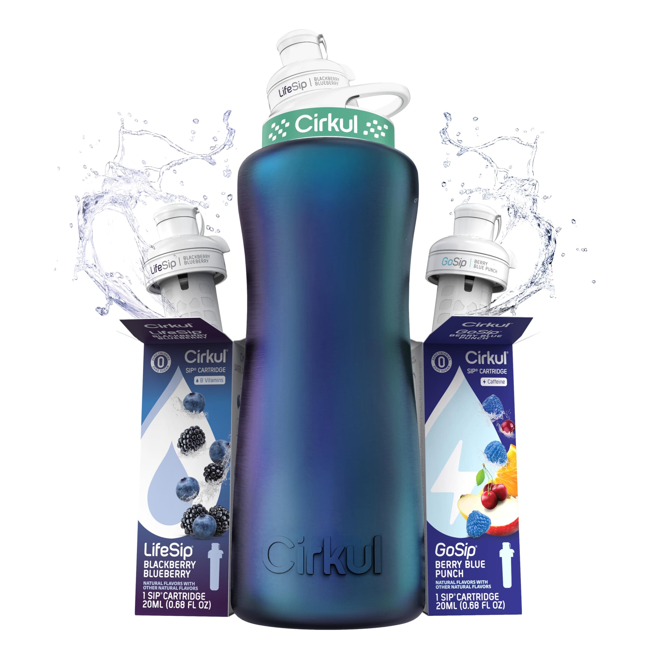 Cirkul 32oz. Chameleon Stainless Steel Water Bottle Starter Kit with Green Lid, 2 Flavor Cartridges (1 LifeSip Blackberry Blueberry, 1 GoSip Berry Blue Punch) No Sugar, Zero Calorie Drink Mix