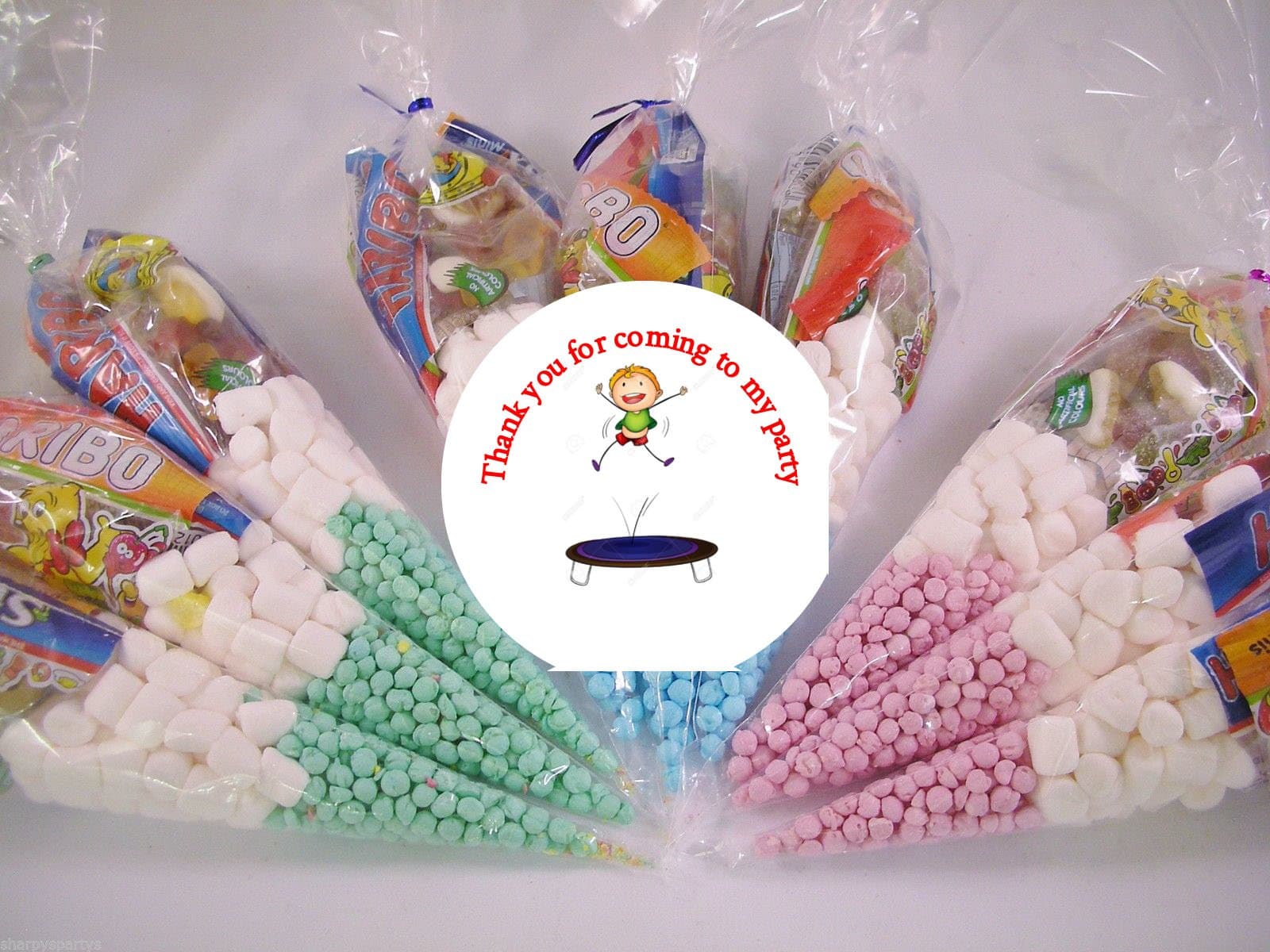 20 x Trampoline Jump Pre Filled Sweet Cones Party Birthday Bags