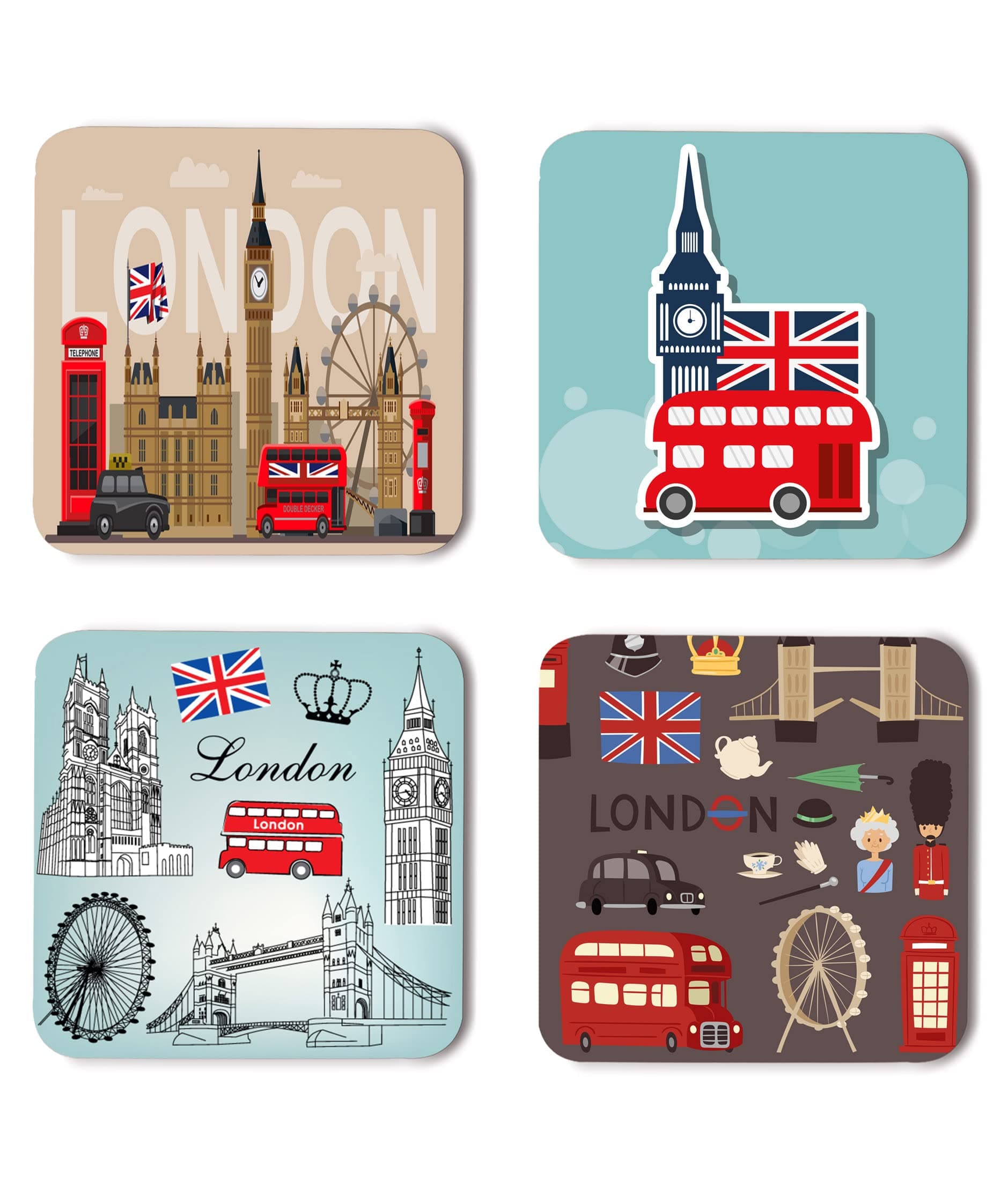 Whats Your Kick® London Clipart Theme Printed Set of 4 Wooden Fridge Magnet | London | Quotes | Kichen | Home Decor (7.6 x 7.6 -CM) D14