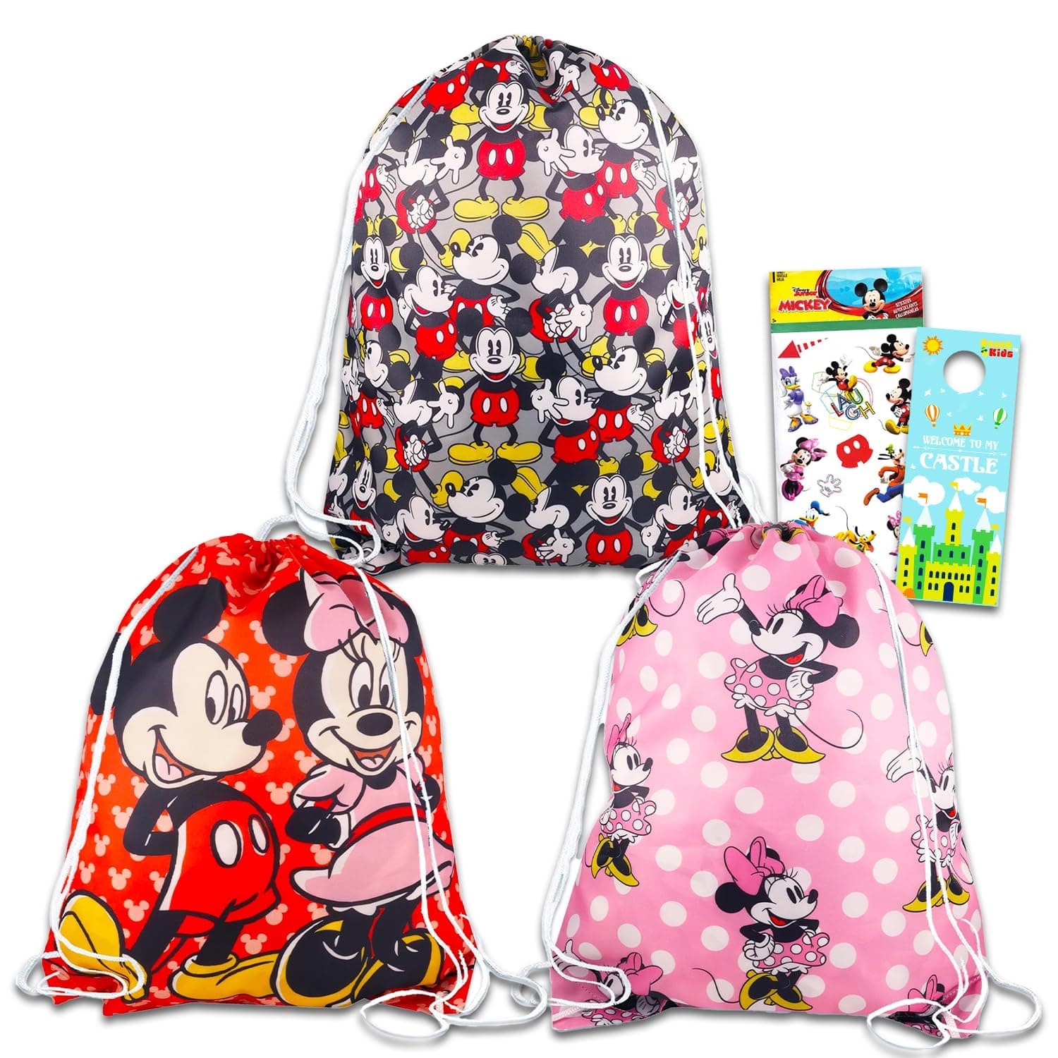 Disney Mickey Minnie Drawstring Bundle ~ Pack of 3 Minnie & Mickey Bags with More | Minnie Mouse School Supplies Accessories, Multicolor