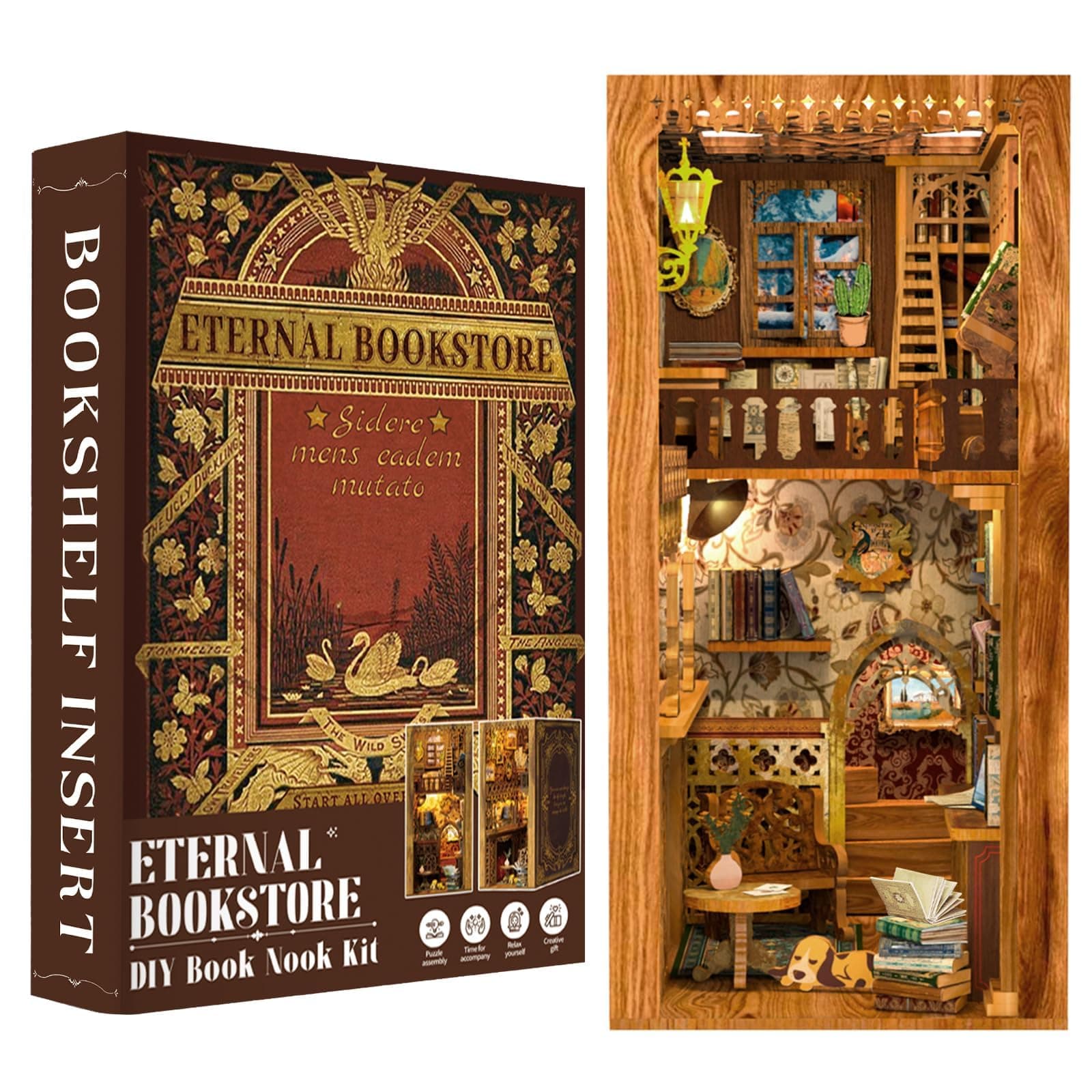 Fsolis Book Nook Kits, DIY Miniature House Kit Wooden Puzzle Booknooks Decorative Bookends Bookshelf Alley Decor for WomenTeenagers Puzzle Lovers (Enternal Bookstore)