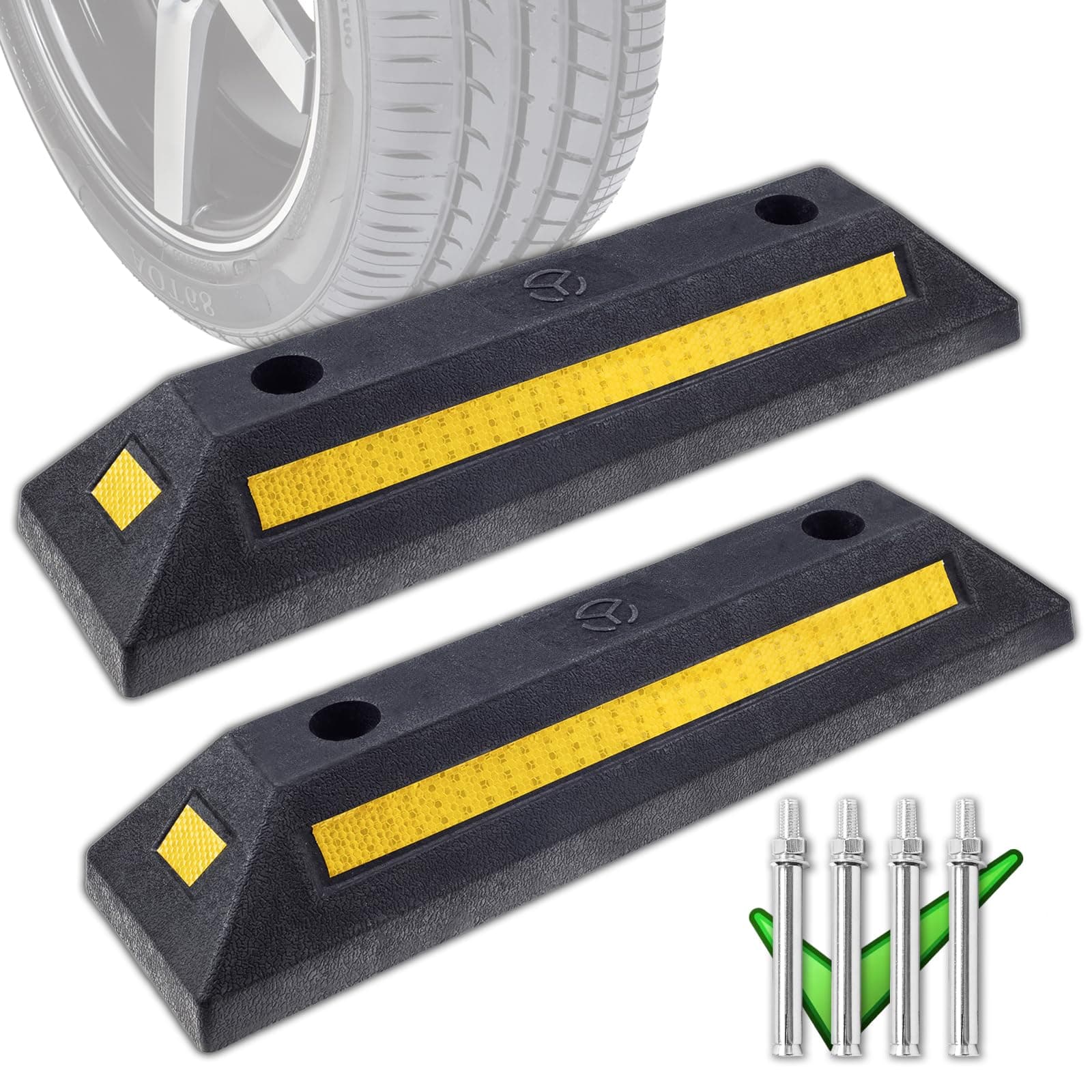Rubber Curb, Black Heavy Duty Parking Blocks Parking Target with Yellow Refective Stripes, Wheel Stop Stoppers for Car, Truck, RV, Trailer, and Garage, 2 Pack Professional Grade