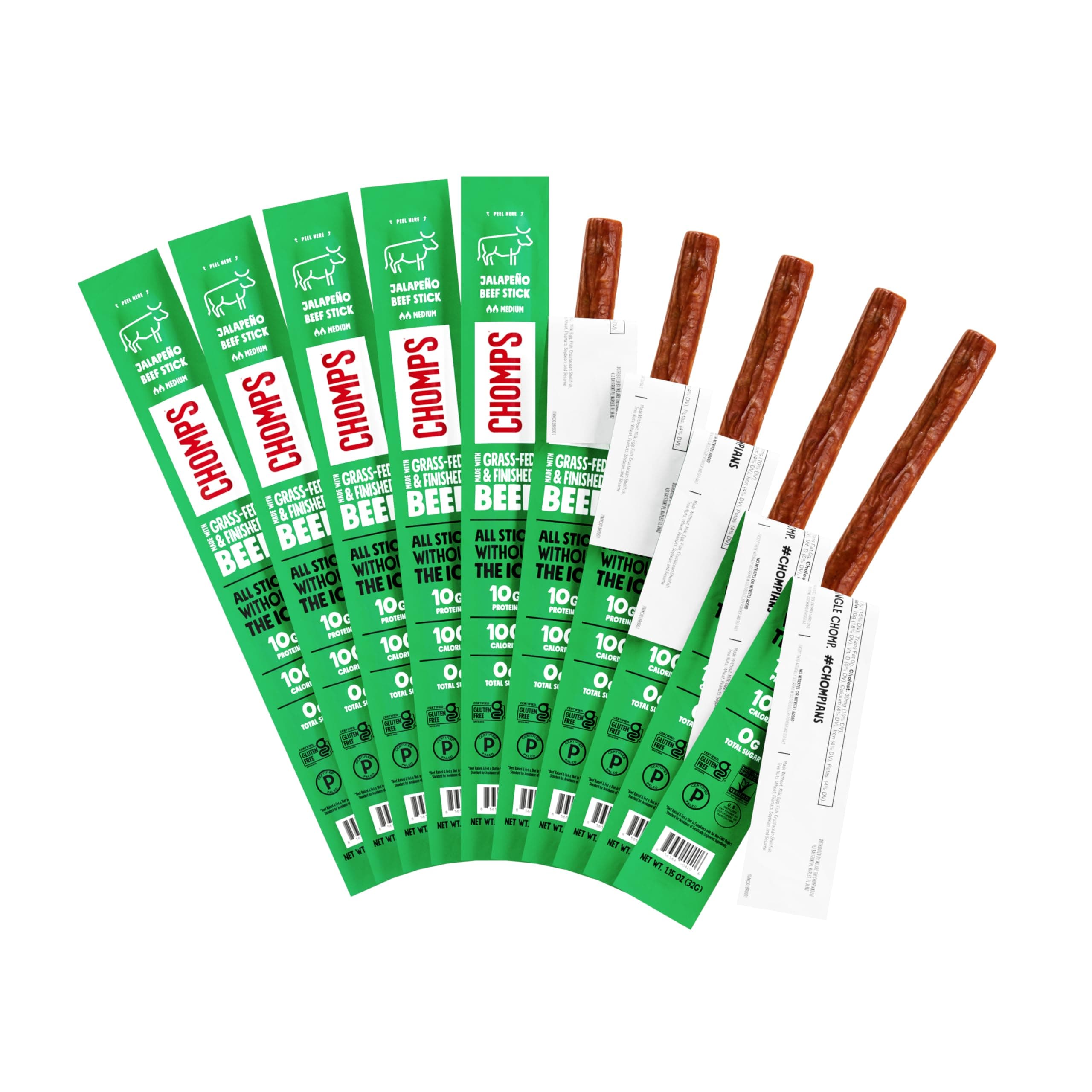 Grass-Fed and Finished Jalapeño Beef Jerky Snack Sticks 10-Pack - Keto, Paleo, Whole30, 10g Lean Meat Protein, Gluten-Free, Zero Sugar Food, Non-GMO