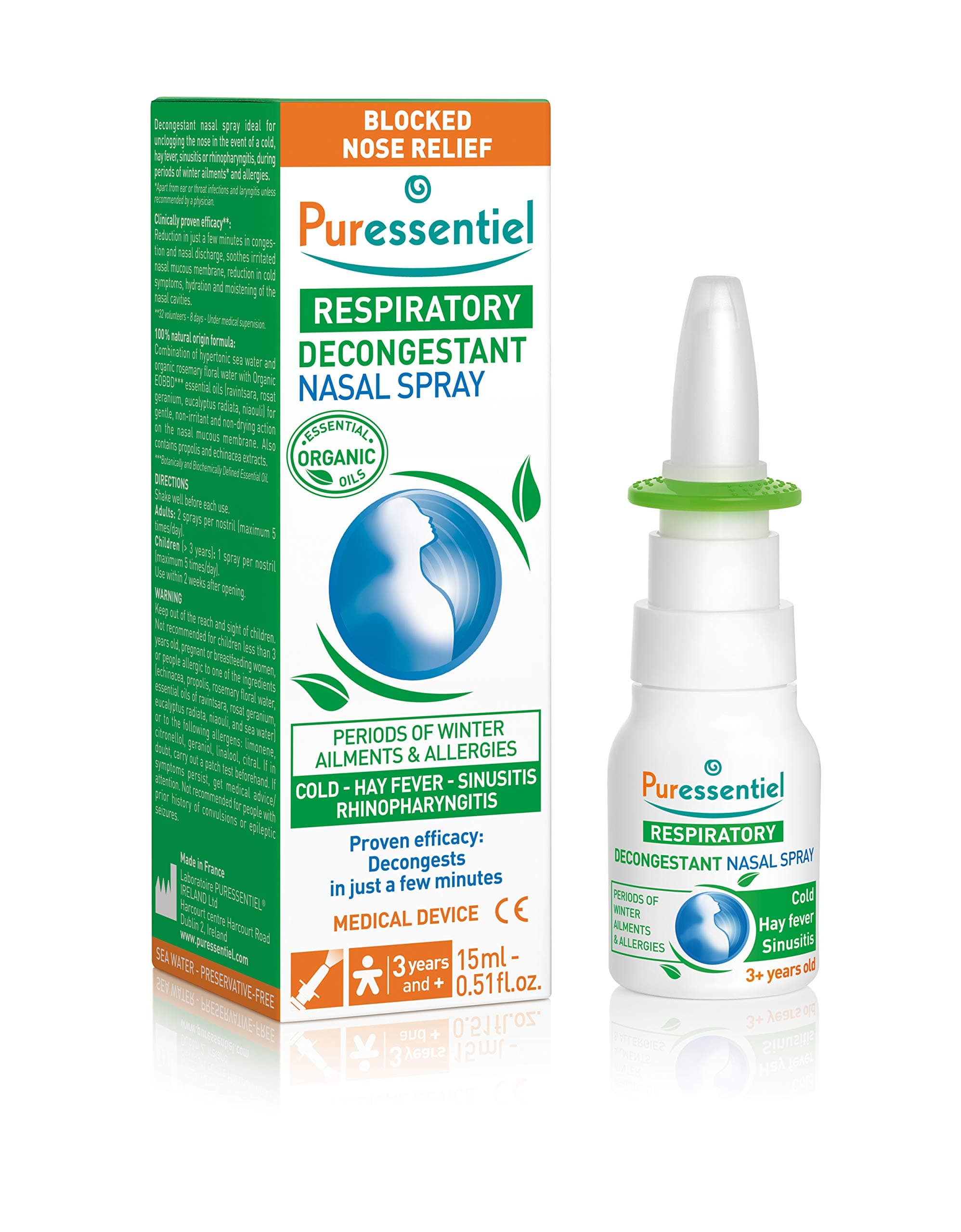 Respiratory Decongestant Nasal Spray 15ml - Cold & Flu - Hayfever & Blocked Nose Relief - Instant Action - 100% Natural & Organic Essential Oils - Sea Water - Suitable for 3y+