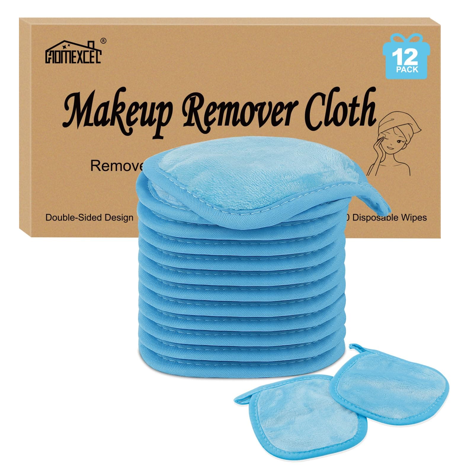 HOMEXCELMakeup Remover Cloth 12 Count (Pack of 1), Reusable Makeup Remover Pads, Washable Ultra Soft Facial Cleansing Cloths For All Skin Types, 5 X 5 In, Blue